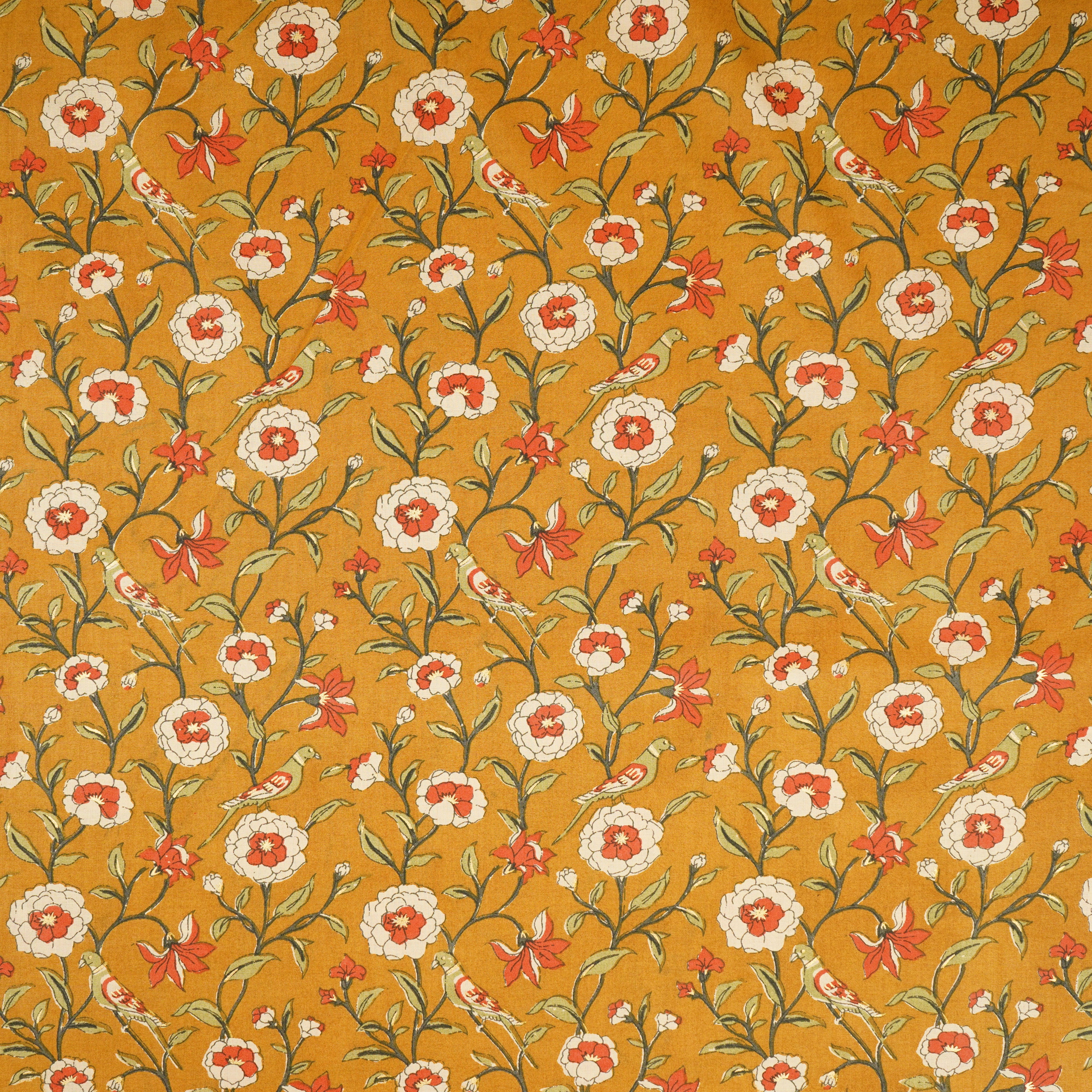 Mustard Parrot Foil Print Cotton Fabric PB-29705 - TradeUNO
