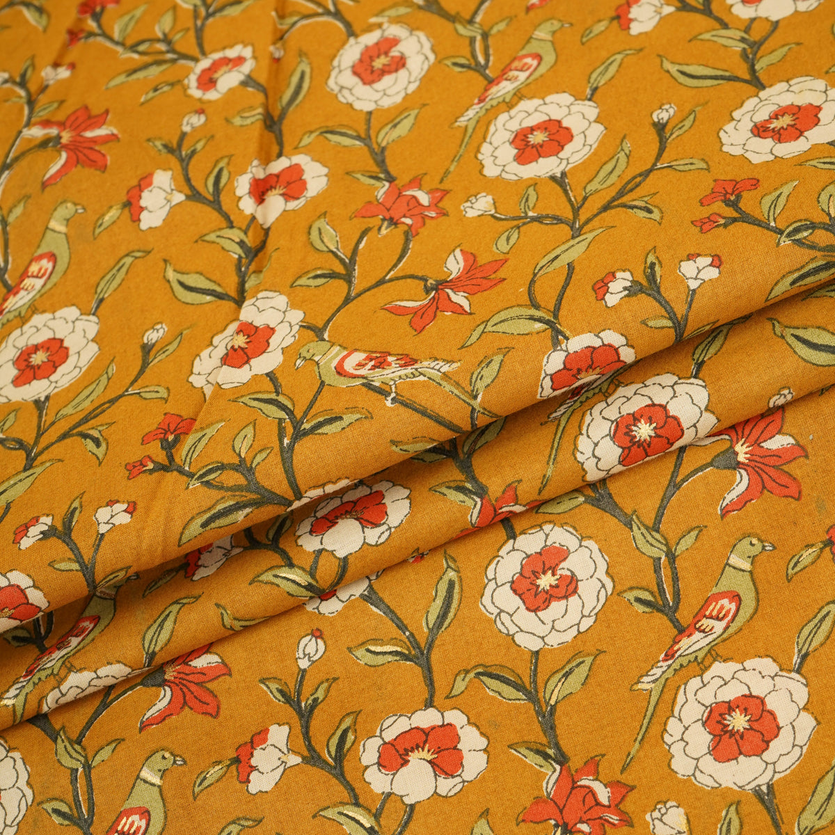 Mustard Parrot Foil Print Cotton Fabric PB-29705 - TradeUNO