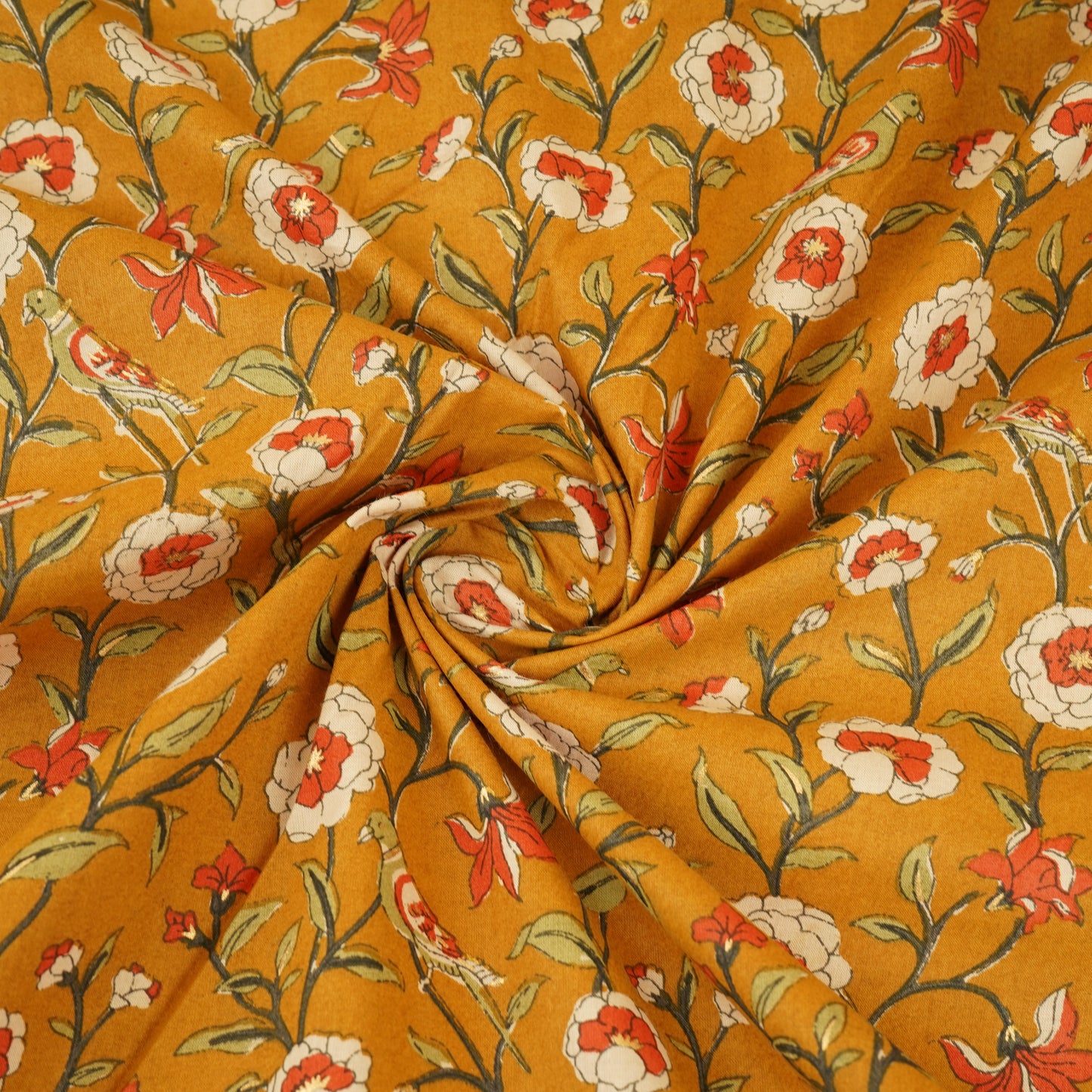 Mustard Parrot Foil Print Cotton Fabric PB-29705