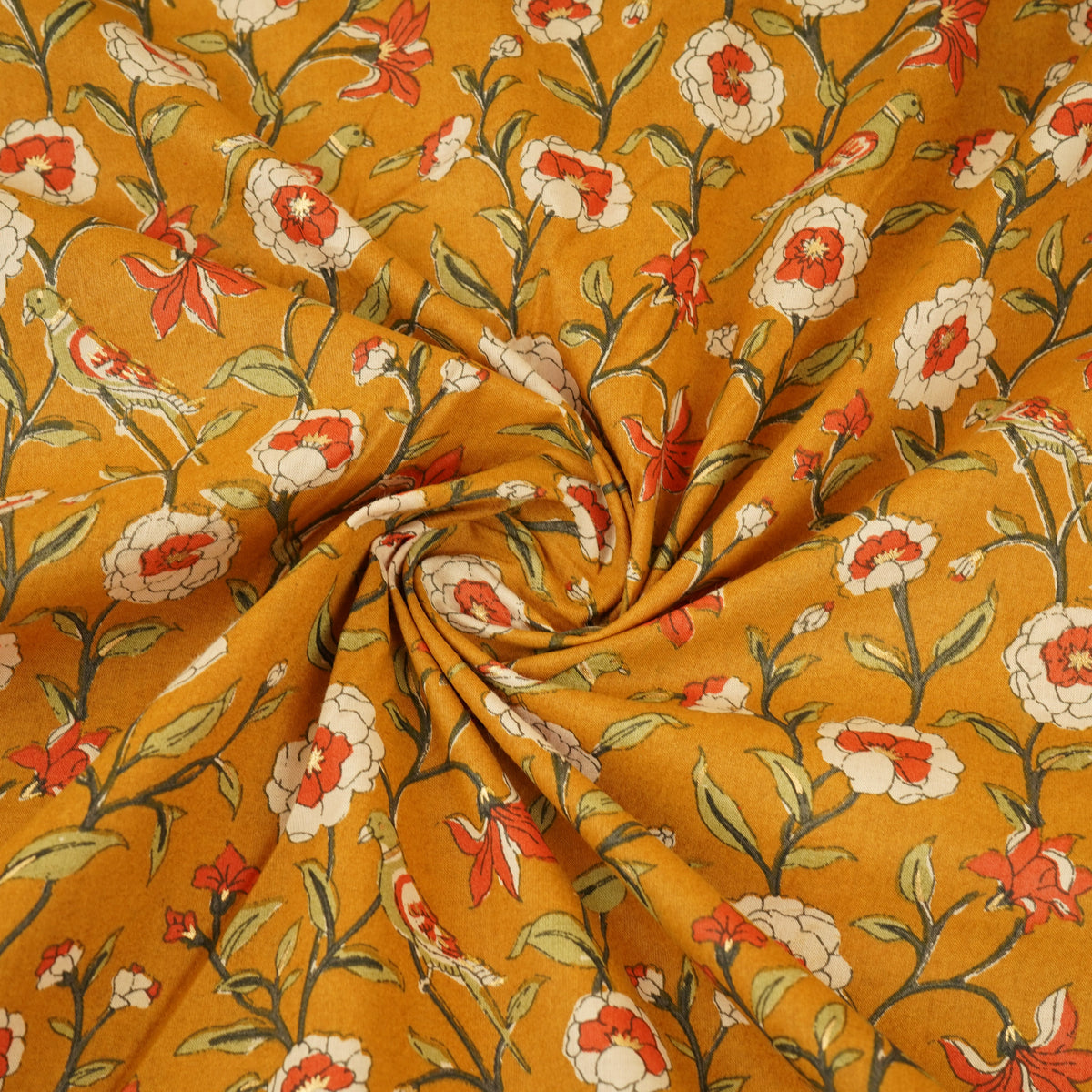 Mustard Parrot Foil Print Cotton Fabric PB-29705 - TradeUNO
