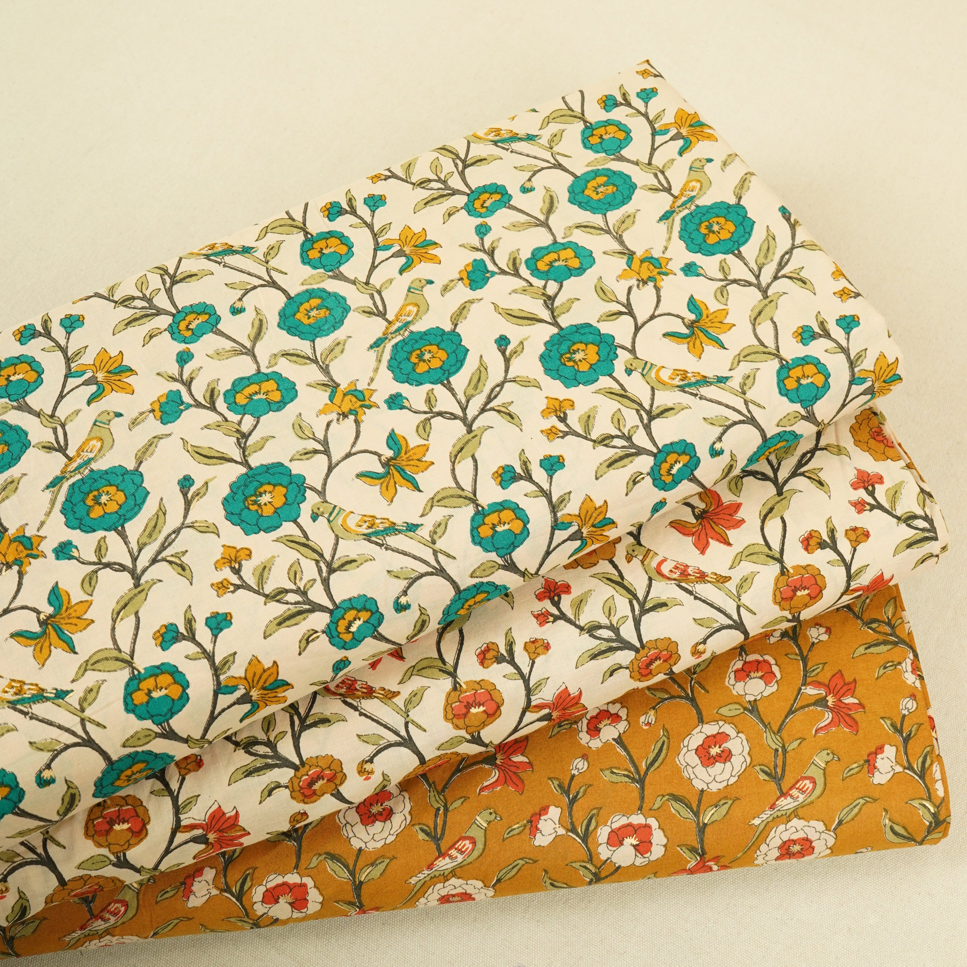 Cream With Dark Grey Parrot Foil Print Cotton Fabric PB-29704 - TradeUNO