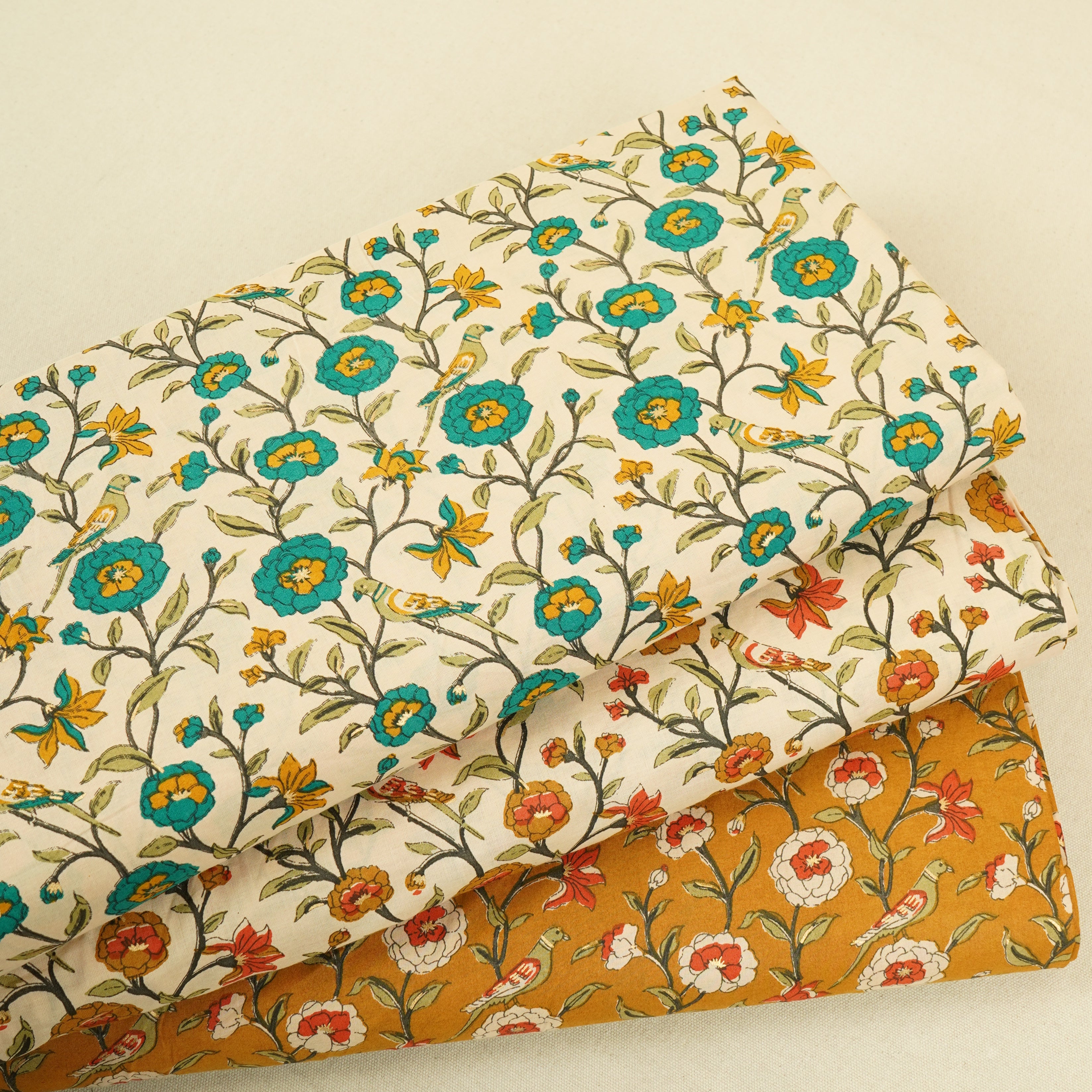 Mustard Parrot Foil Print Cotton Fabric PB-29705 - TradeUNO