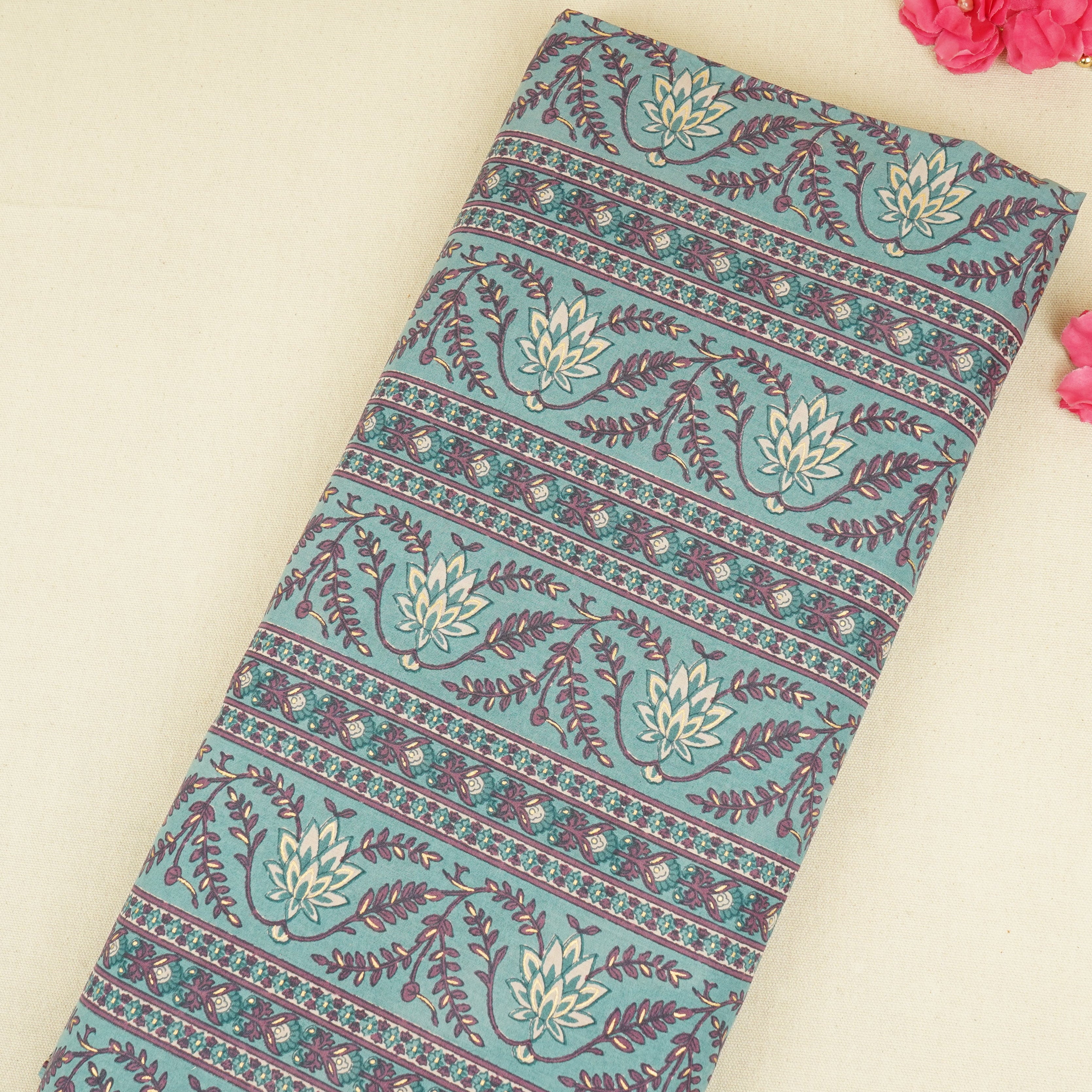 Lilac Floral Stripes Foil Print Cotton Fabric PB-29707 - TradeUNO