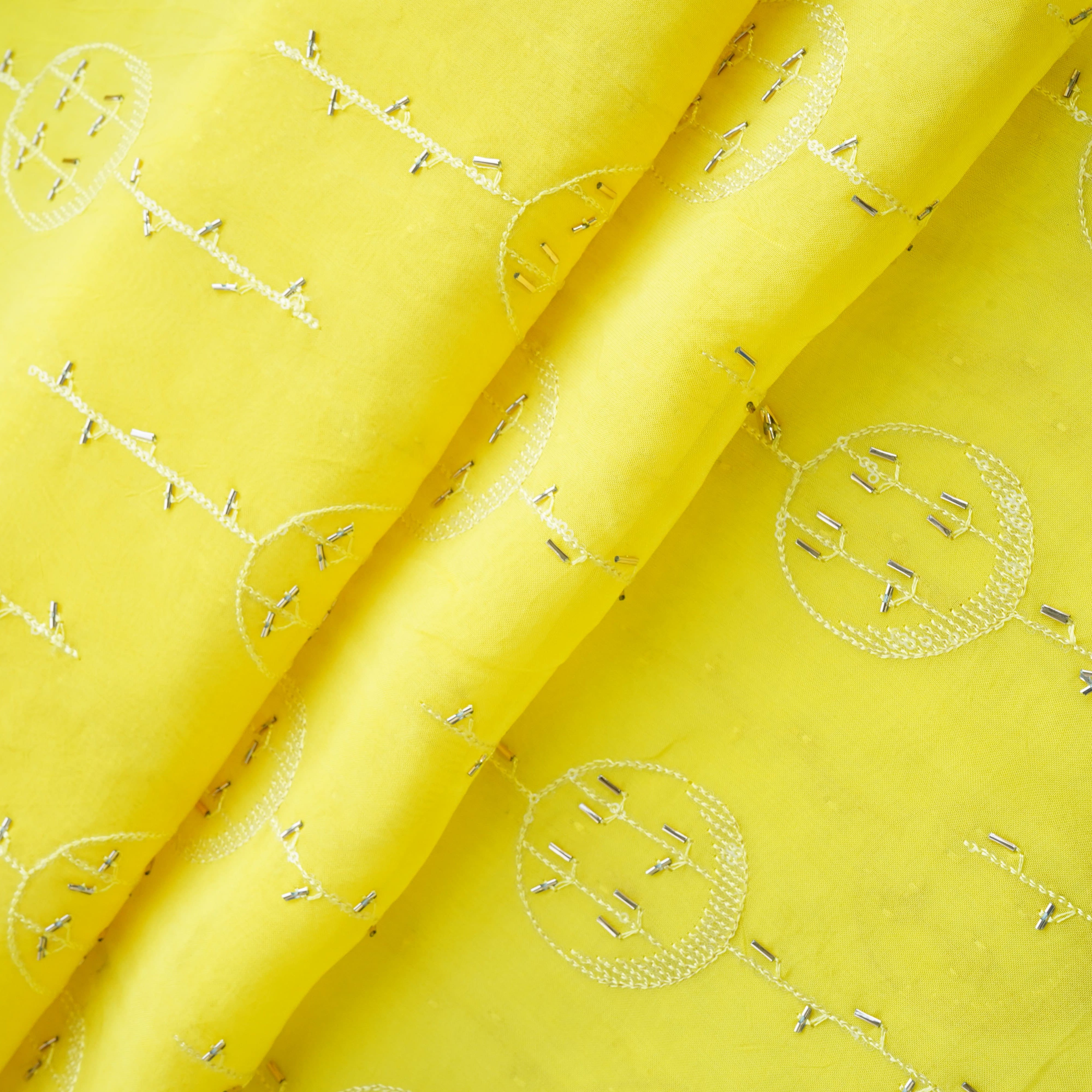 Yellow Cutdana Sequins Embroidery Organza Fabric 21010