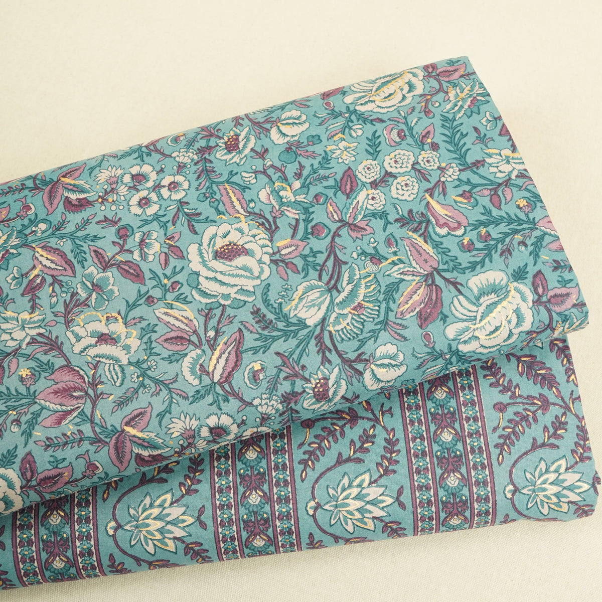 Lilac Floral Stripes Foil Print Cotton Fabric PB-29707 - TradeUNO