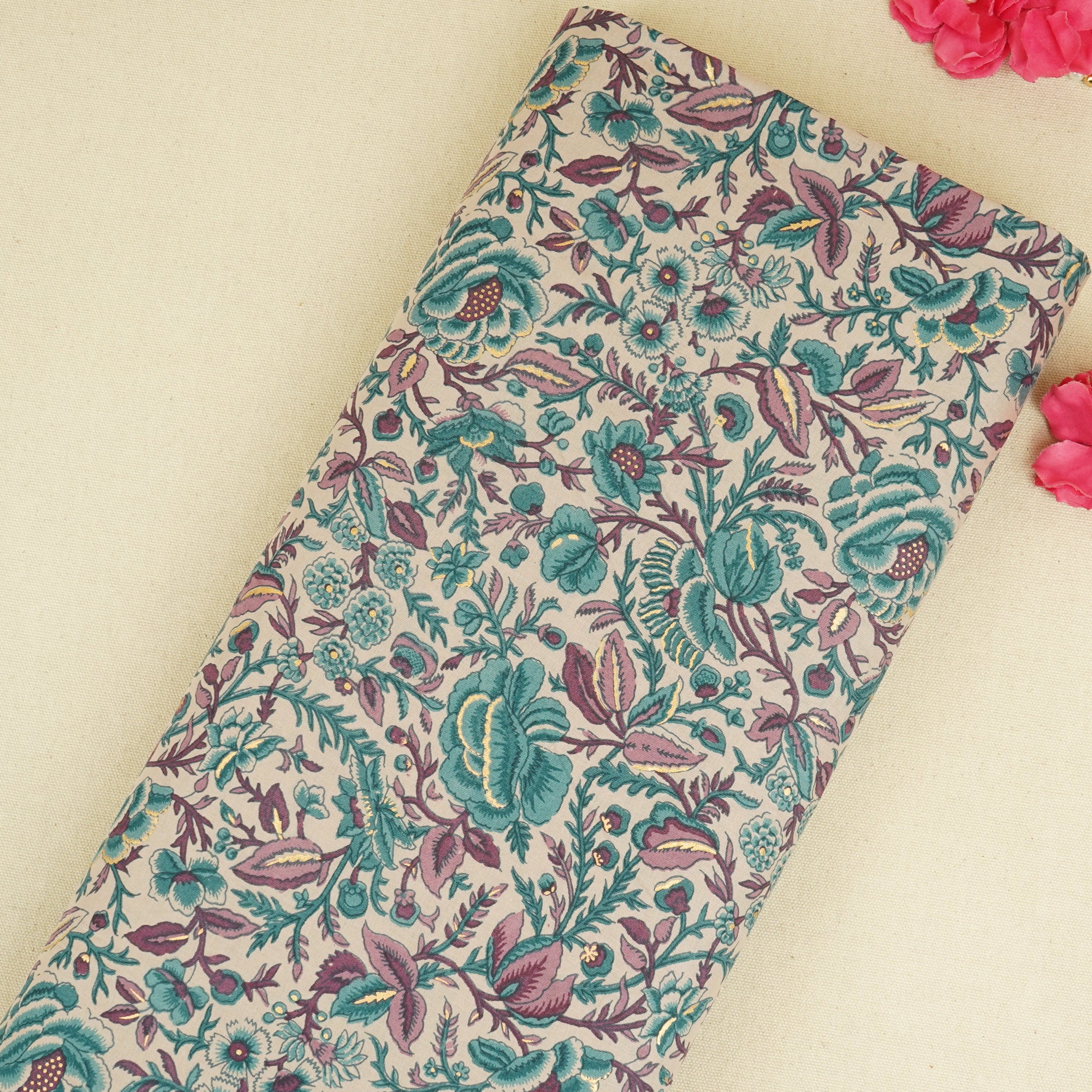 Light Pink Floral Foil Print Cotton Fabric PB-29713 - TradeUNO