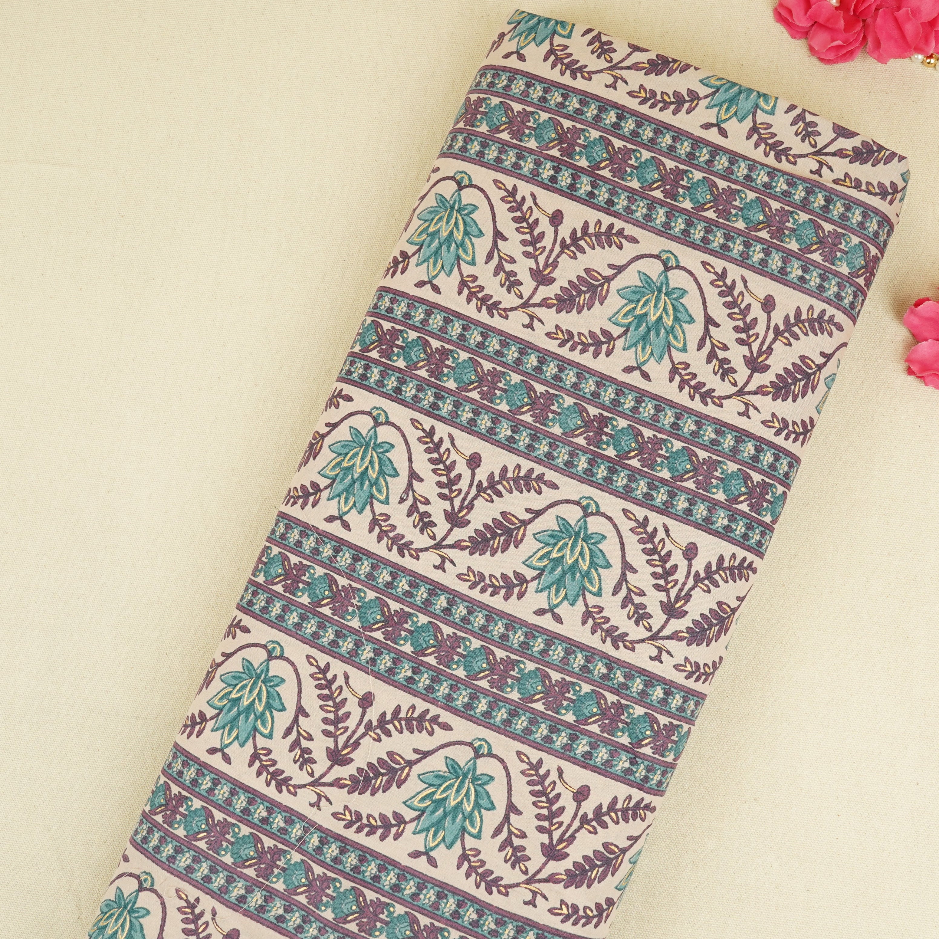 Light Pink Floral Stripes Foil Print Cotton Fabric PB-29714 - TradeUNO