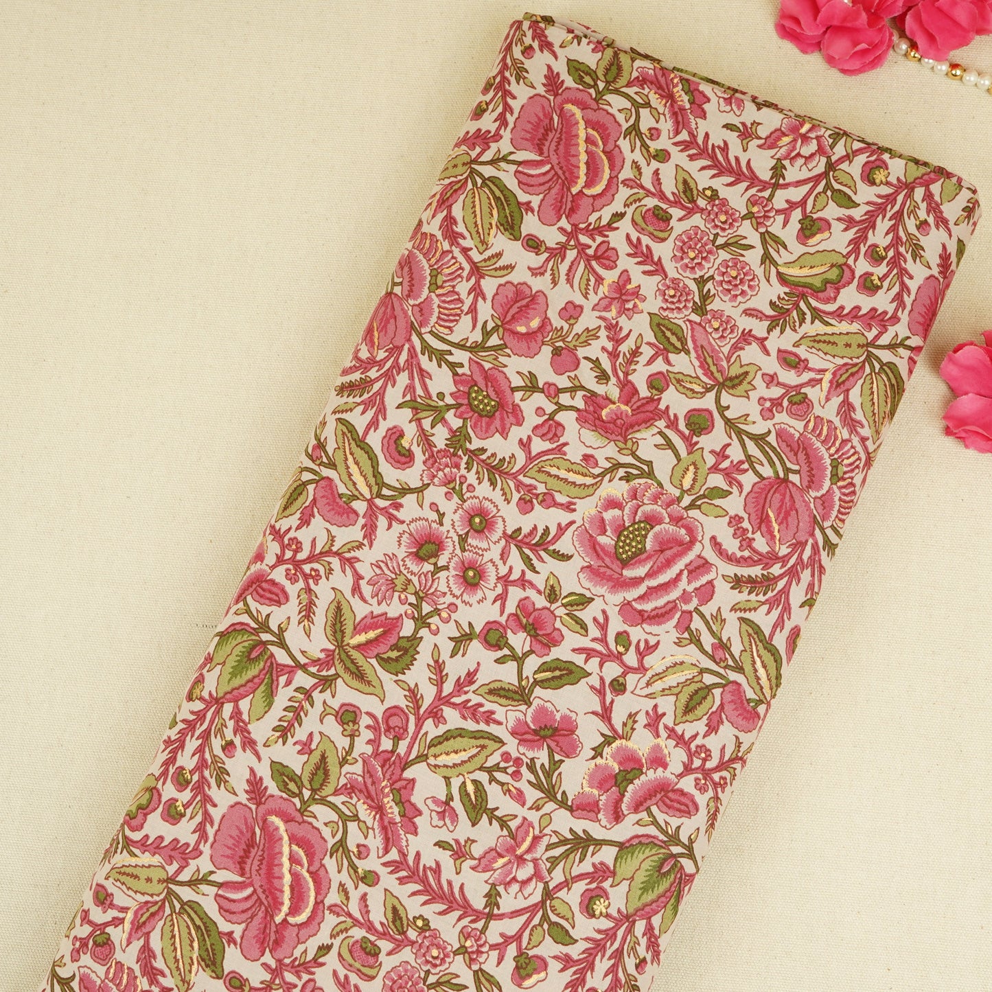 Baby Pink Floral Foil Print Cotton Fabric PB-29699