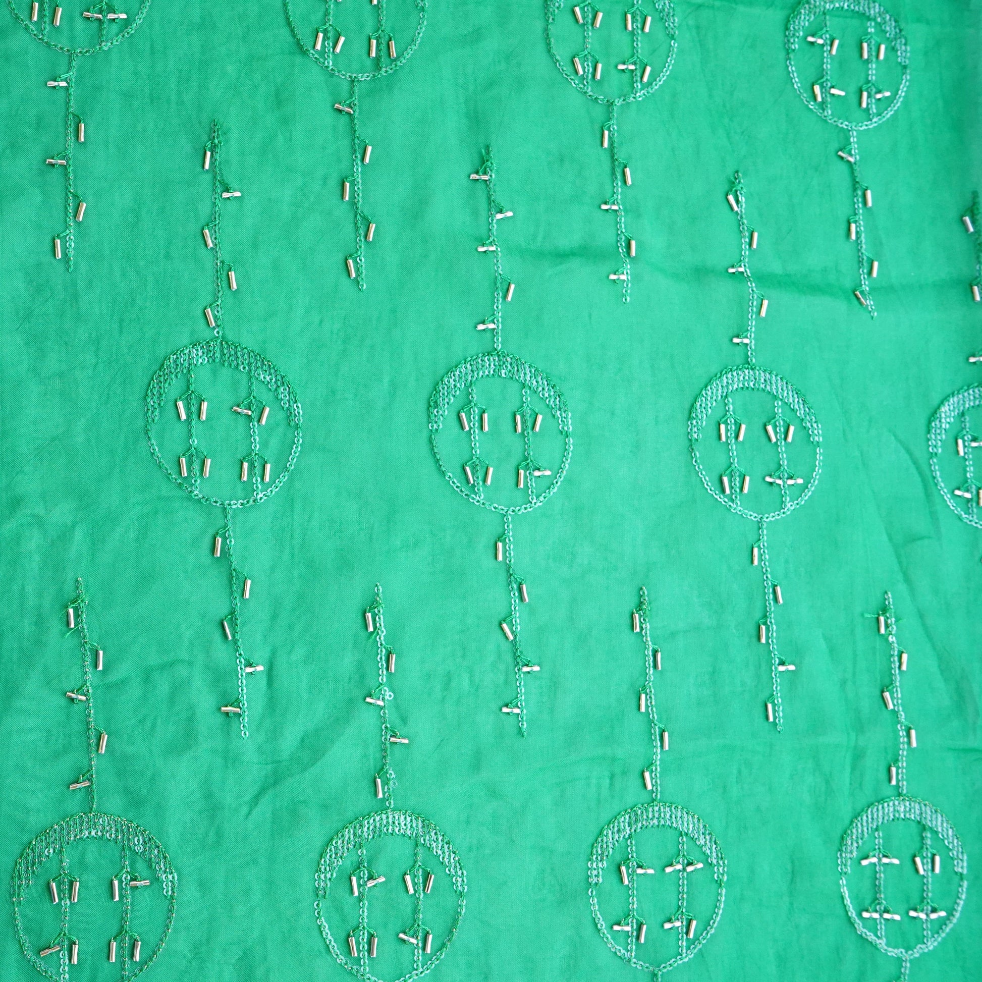 Green Cutdana Sequins Embroidery Organza Fabric 21005