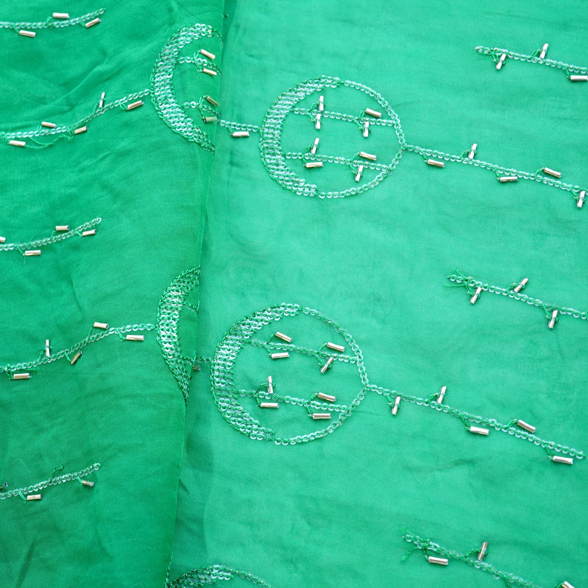 Green Cutdana Sequins Embroidery Organza Fabric 21005
