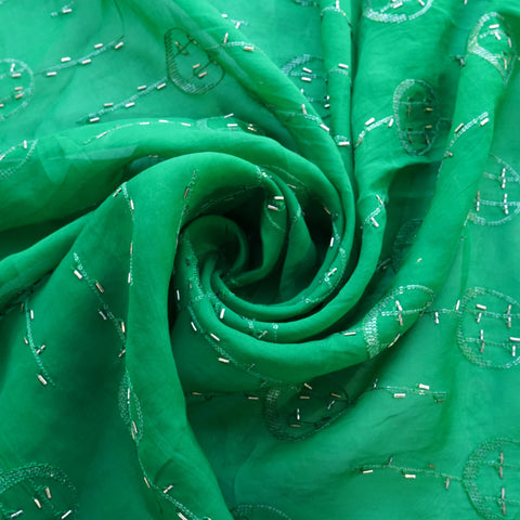 Green Cutdana Sequins Embroidery Organza Fabric 21005
