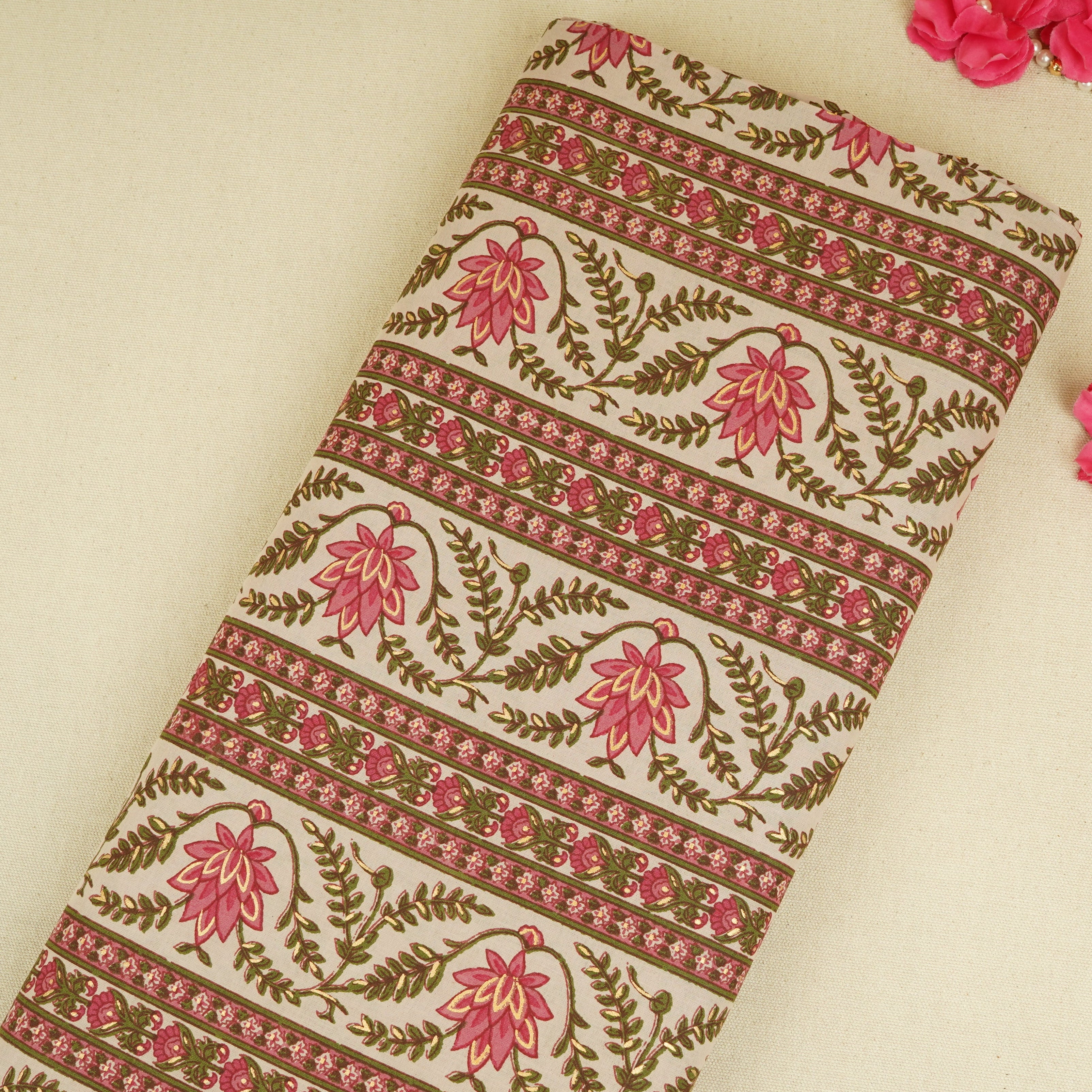 Baby Pink Floral Stripes Foil Print Cotton Fabric PB-29700 - TradeUNO