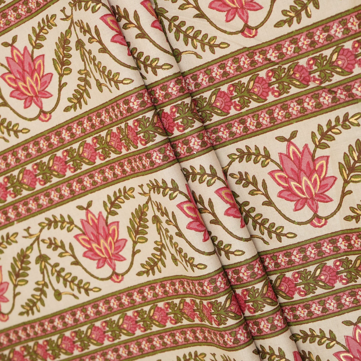 Baby Pink Floral Stripes Foil Print Cotton Fabric PB-29700