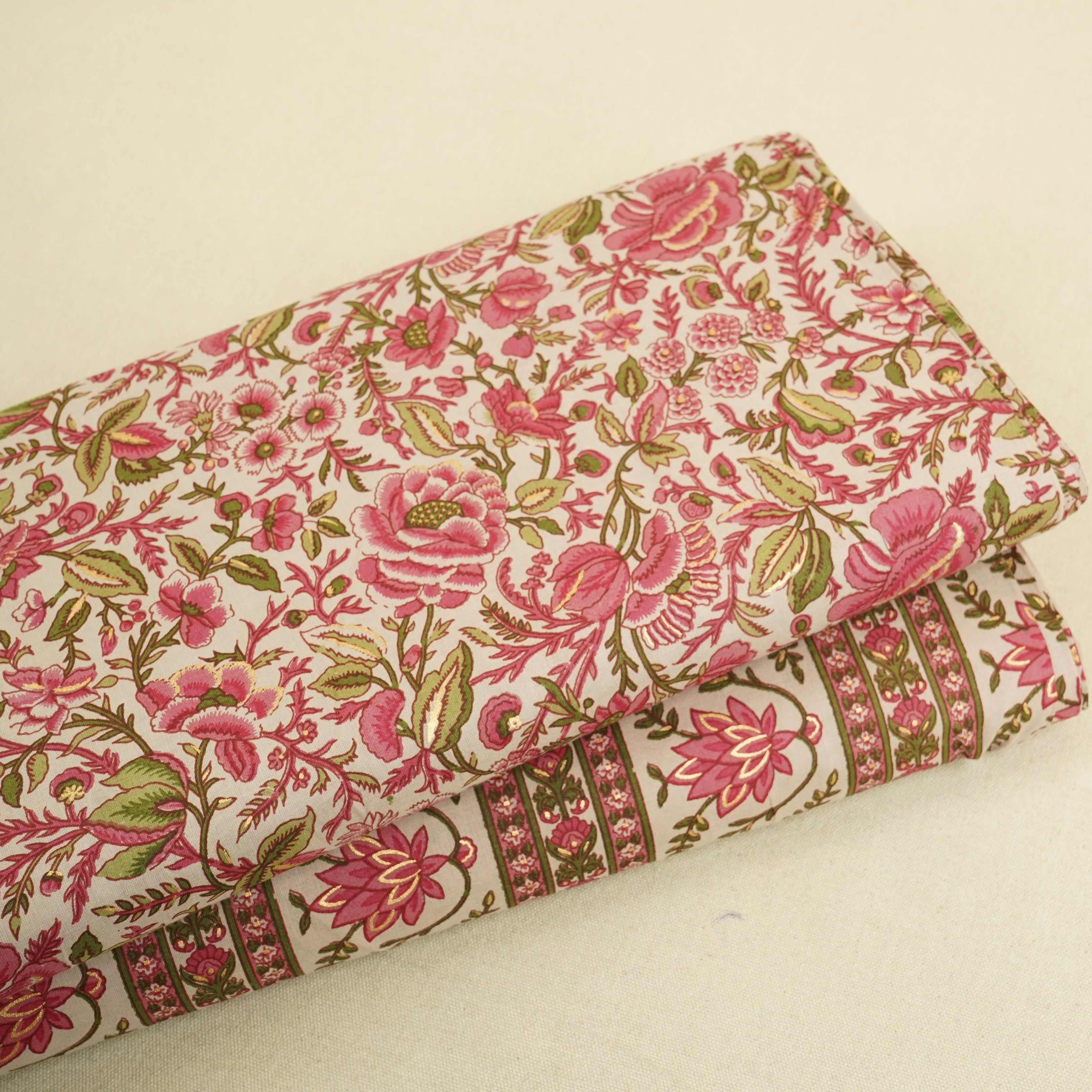 Baby Pink Floral Stripes Foil Print Cotton Fabric PB-29700 - TradeUNO