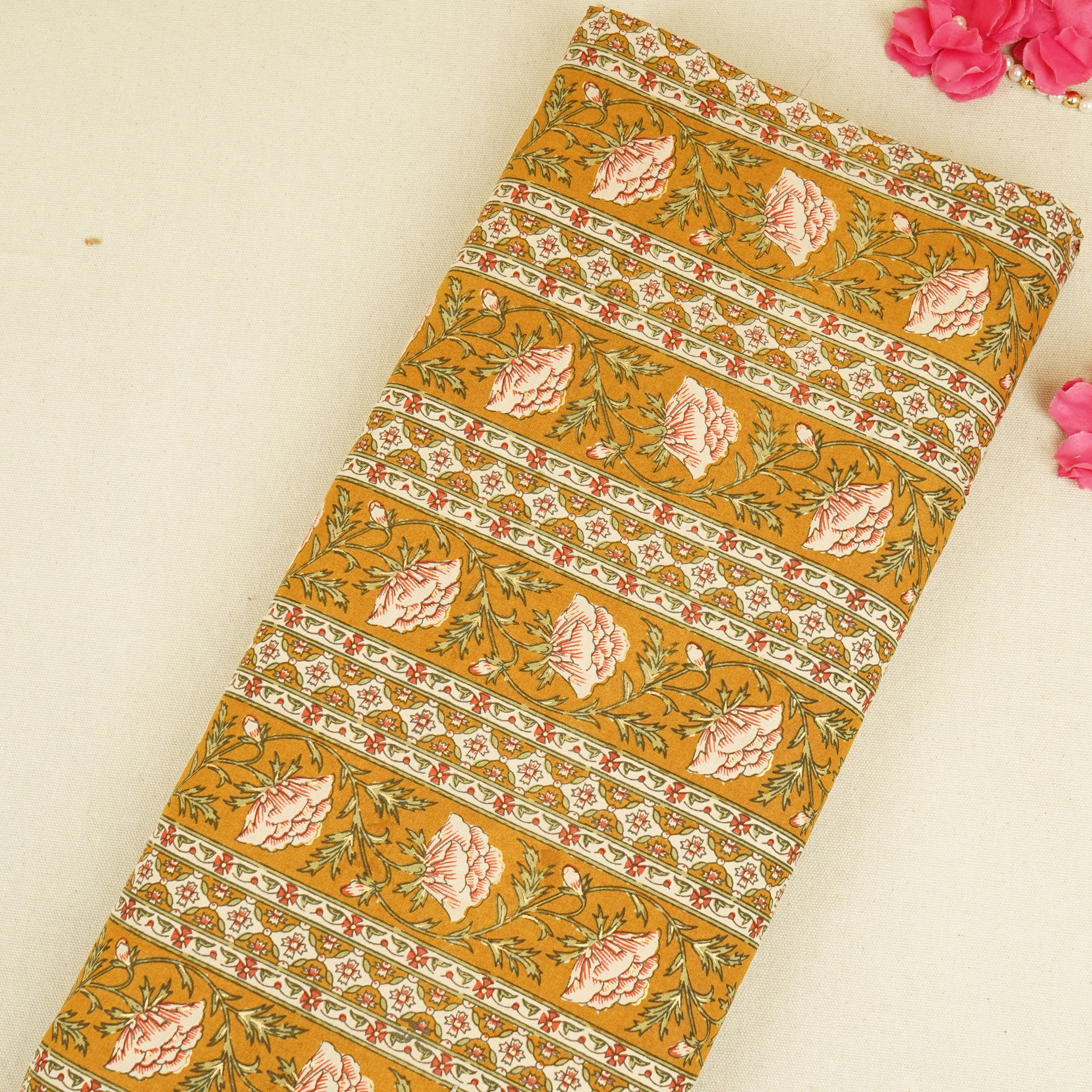 Mustard Floral Stripes Foil Print Cotton Fabric PB-29706 - TradeUNO