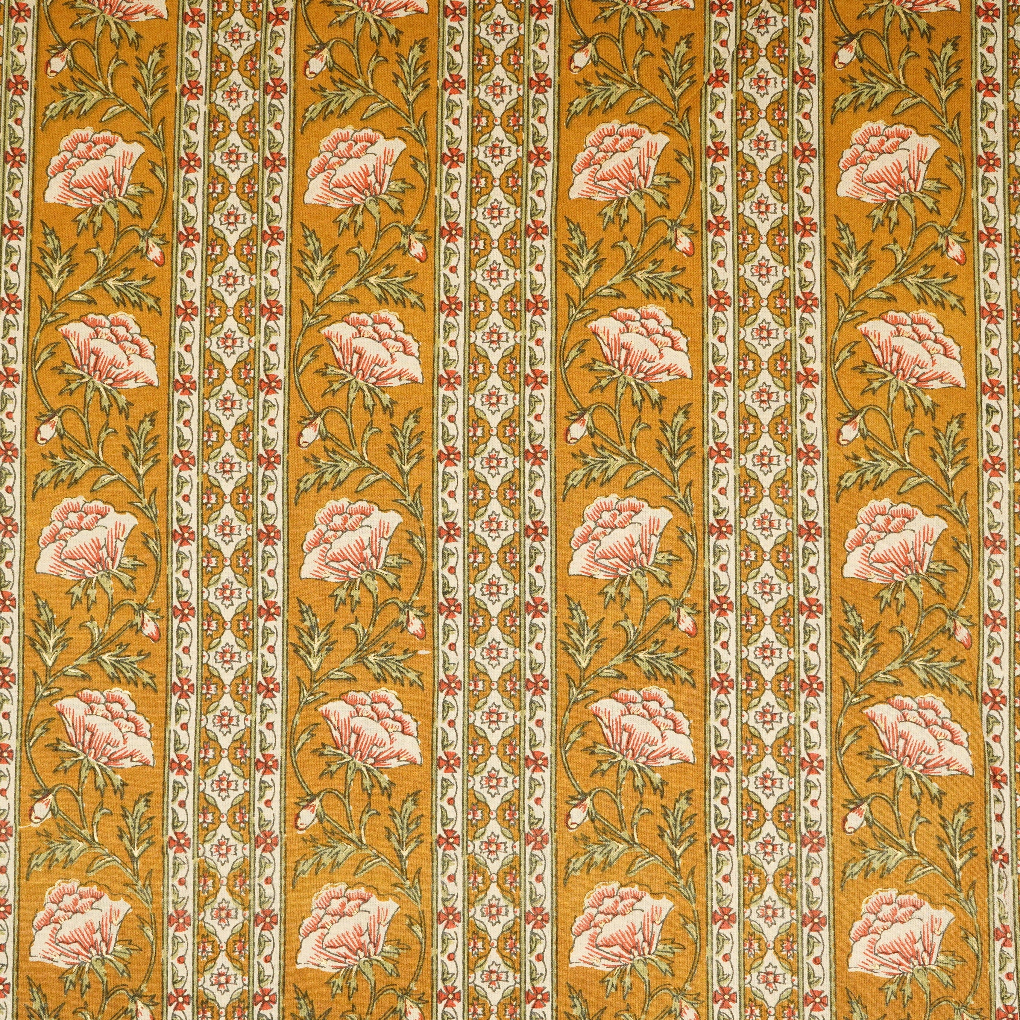 Mustard Floral Stripes Foil Print Cotton Fabric PB-29706 - TradeUNO