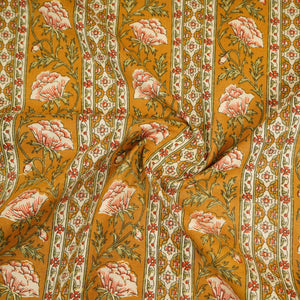 Mustard Floral Stripes Foil Print Cotton Fabric PB-29706 - TradeUNO