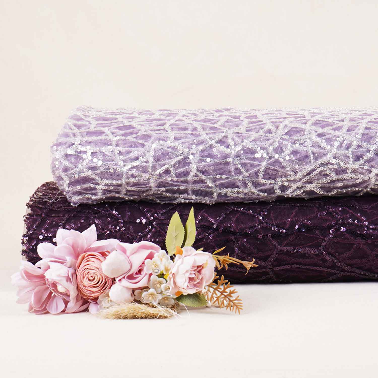 Classic Purple Geometrical Sequins Embroidery Net Fabric - TradeUNO