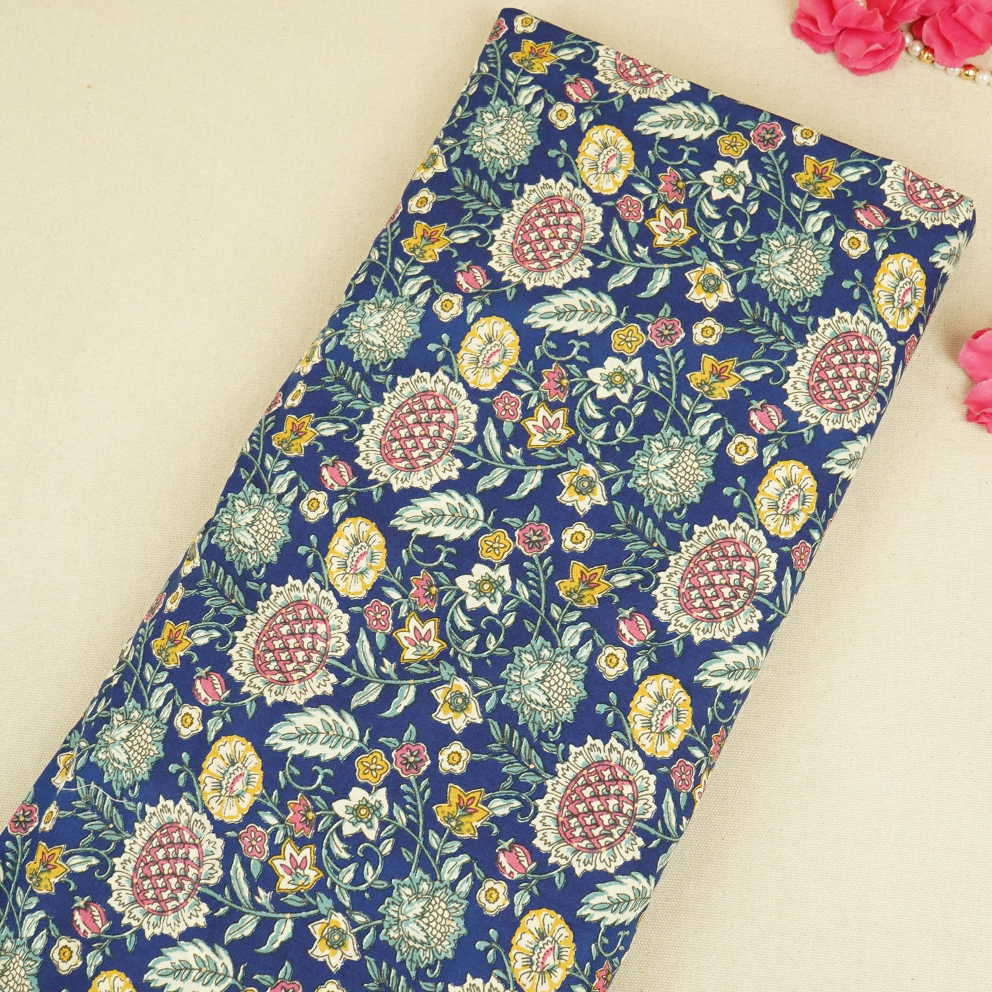Navy Blue Floral Foil Print Cotton Fabric PB-29710