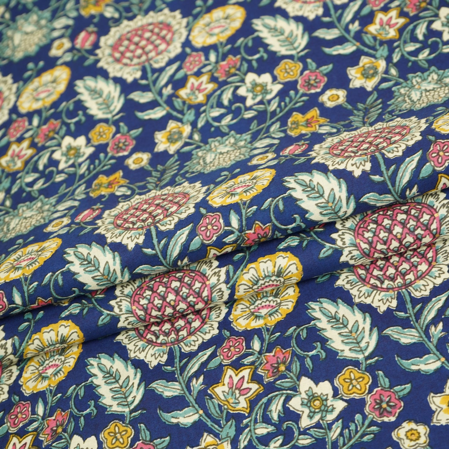 Navy Blue Floral Foil Print Cotton Fabric PB-29710