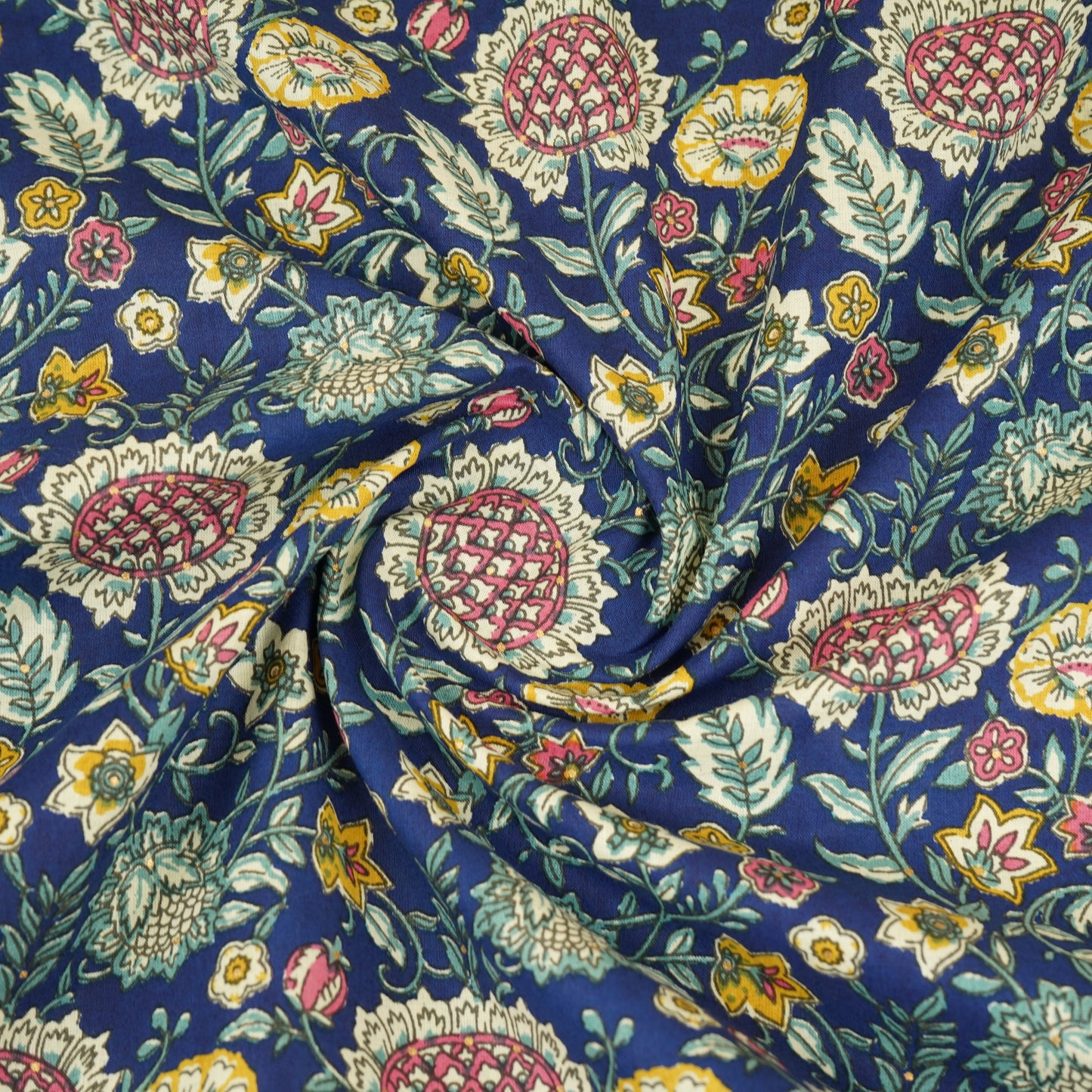 Navy Blue Floral Foil Print Cotton Fabric PB-29710
