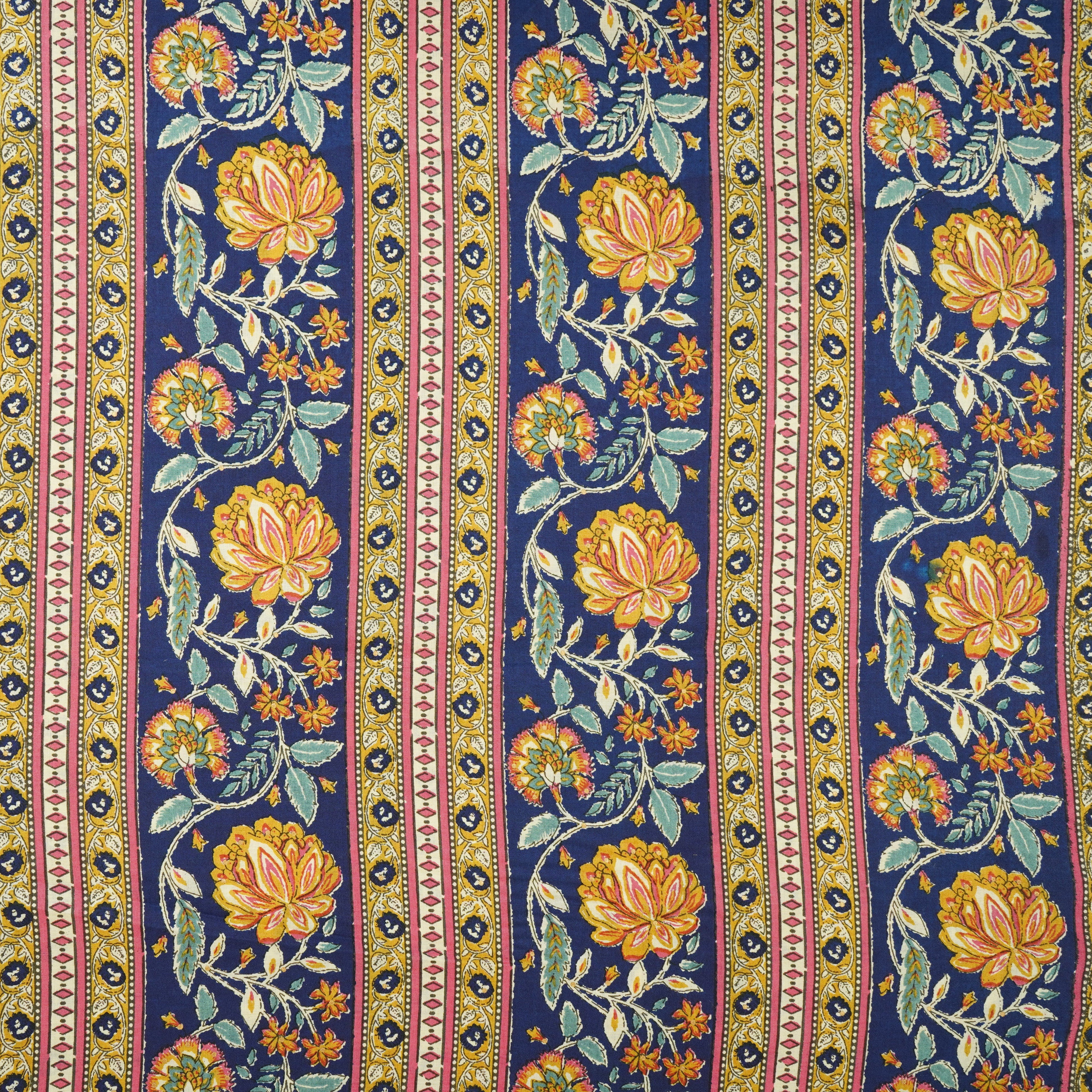 Navy Blue Floral Stripes Foil Print Cotton Fabric PB-29709 - TradeUNO