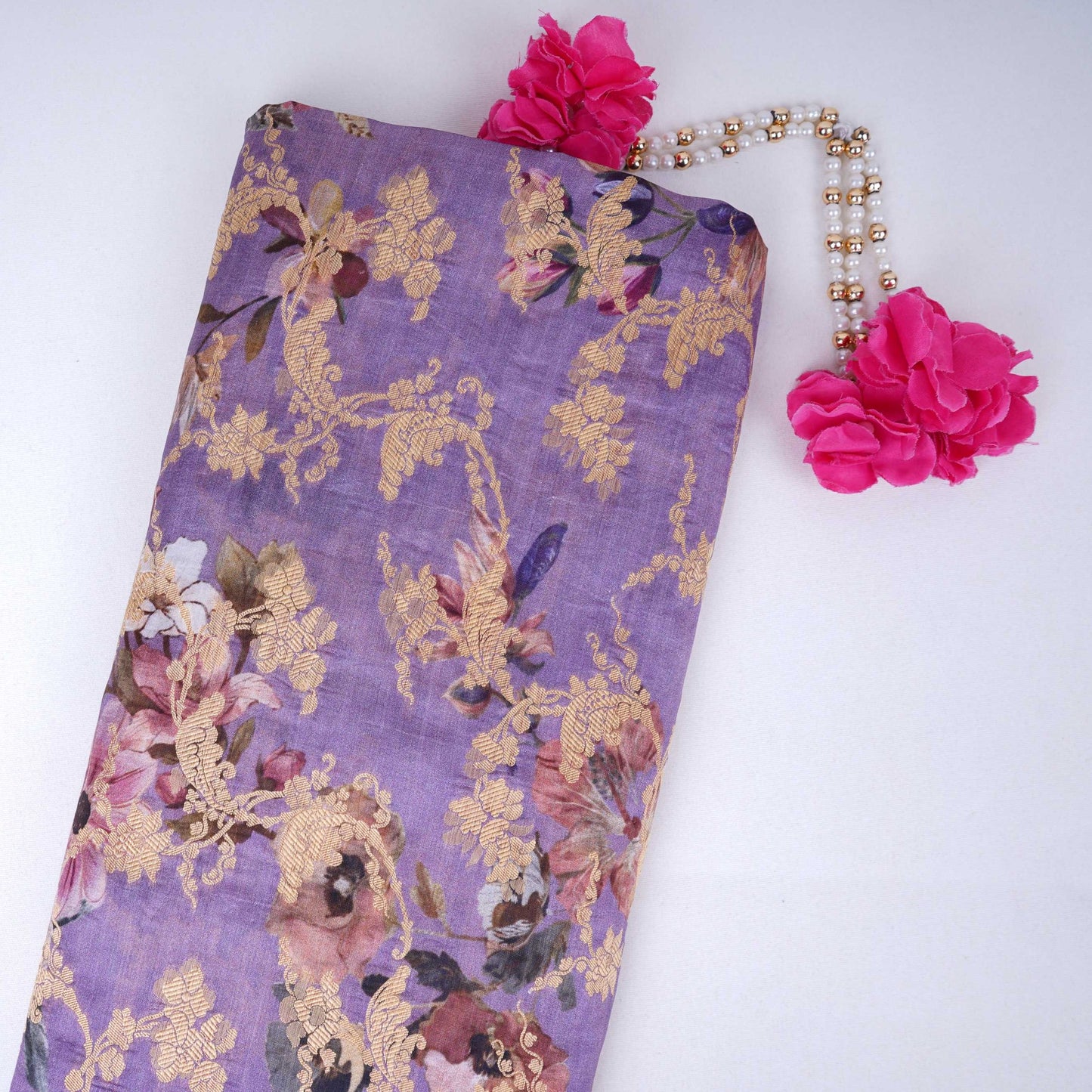 Lavender floral Jacquard print Raw Mango Silk Fabric CW-31590