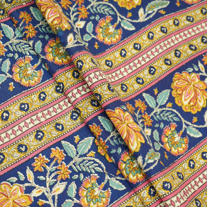 Navy Blue Floral Stripes Foil Print Cotton Fabric PB-29709 - TradeUNO