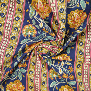 Navy Blue Floral Stripes Foil Print Cotton Fabric PB-29709 - TradeUNO
