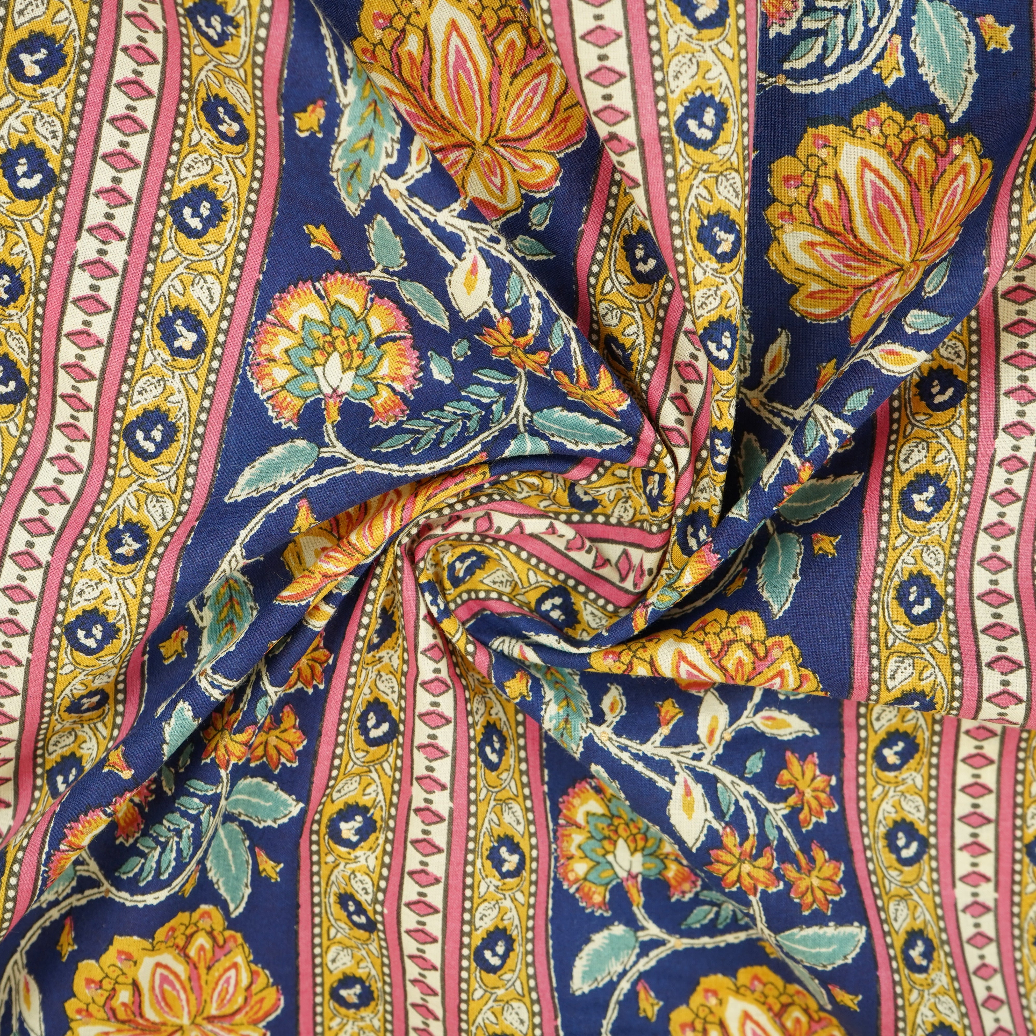 Navy Blue Floral Stripes Foil Print Cotton Fabric PB-29709 - TradeUNO