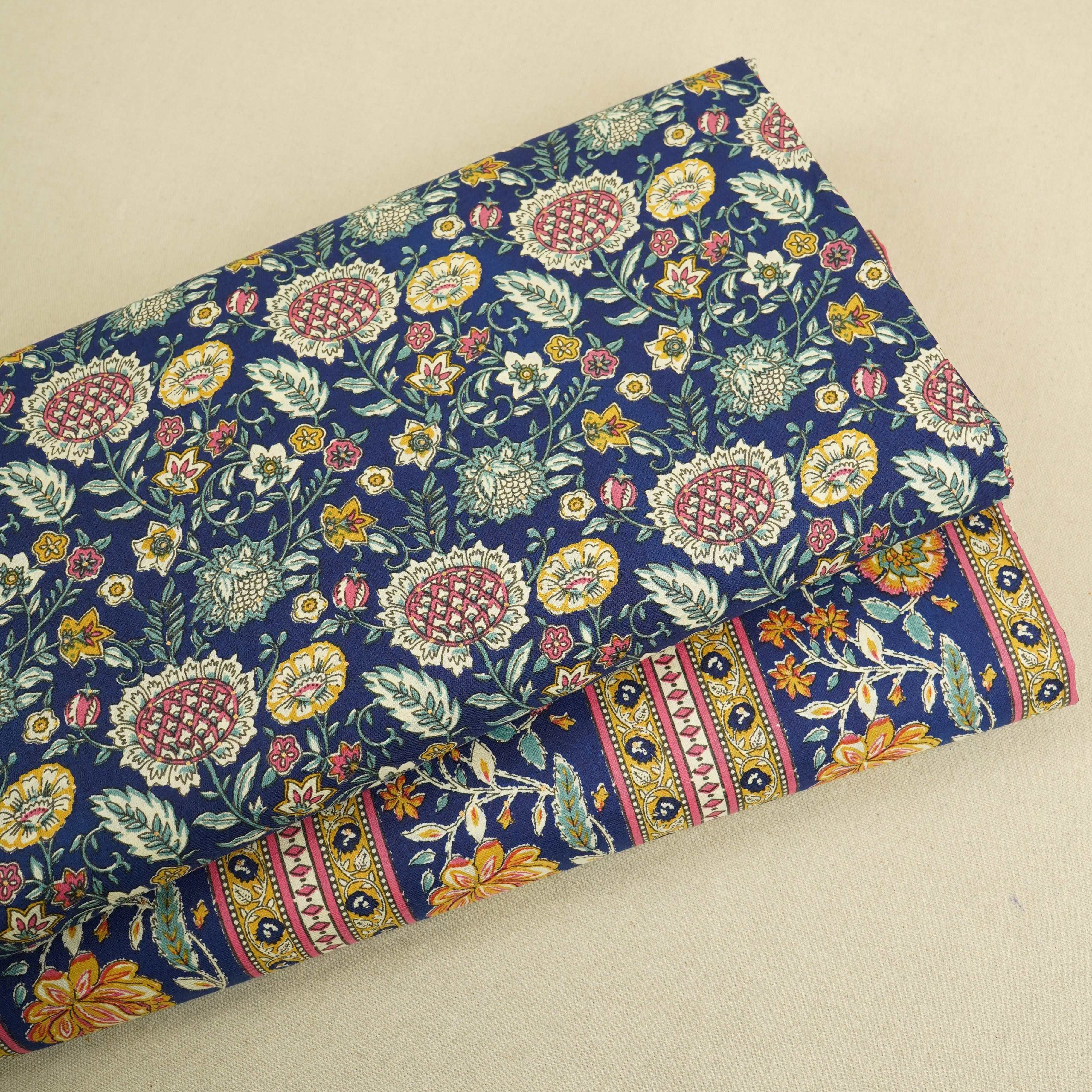 Navy Blue Floral Stripes Foil Print Cotton Fabric PB-29709 - TradeUNO