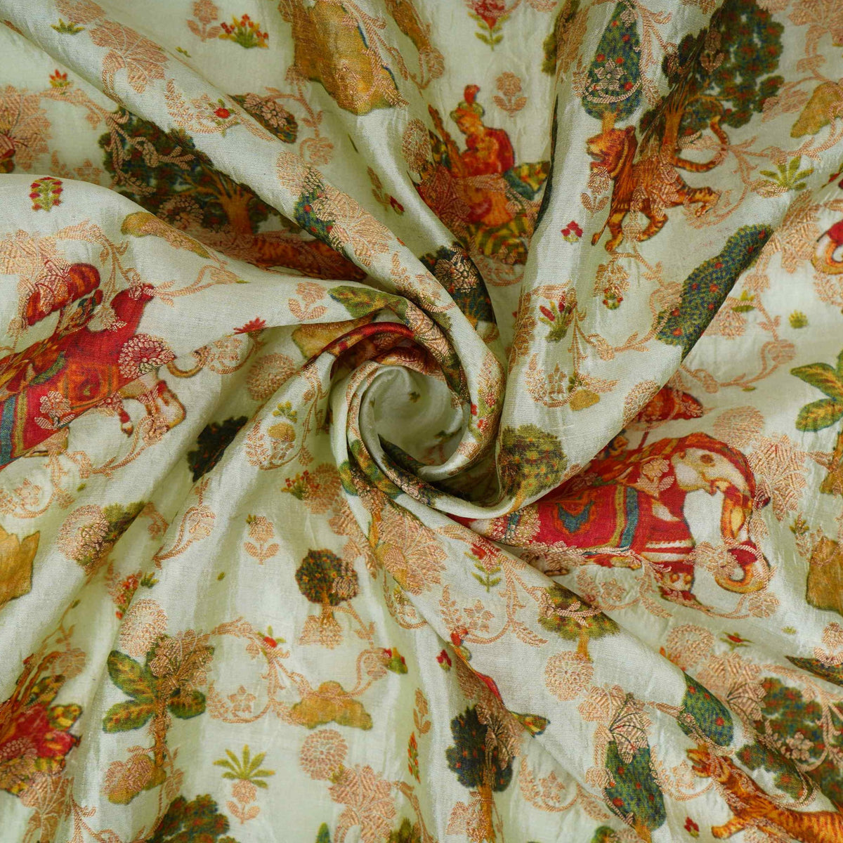 Mint Green Traditional Jacquard print Raw Mango Silk Fabric CW-31588 - TradeUNO