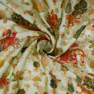 Mint Green Traditional Jacquard print Raw Mango Silk Fabric CW-31588 - TradeUNO
