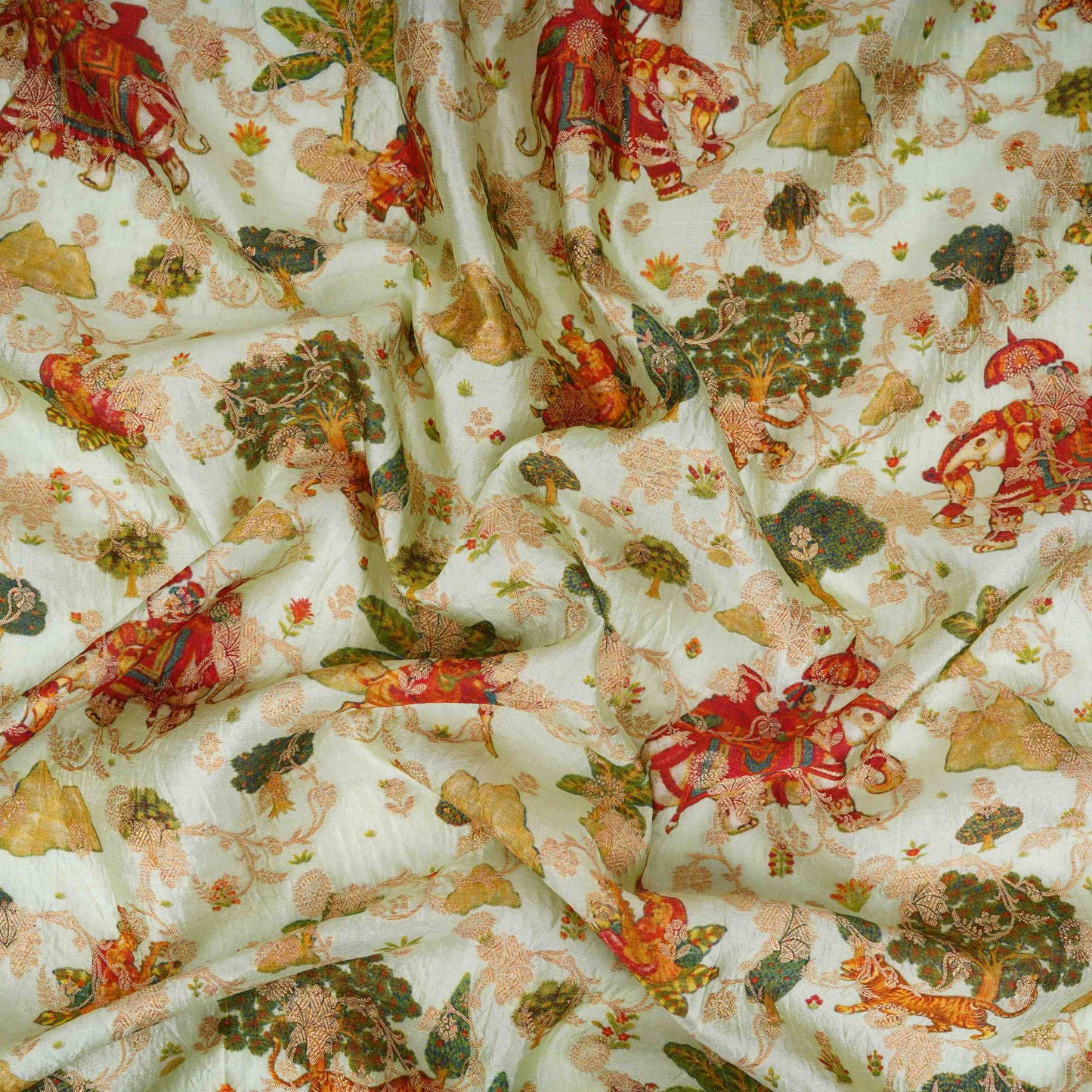 Mint Green Traditional Jacquard print Raw Mango Silk Fabric CW-31588