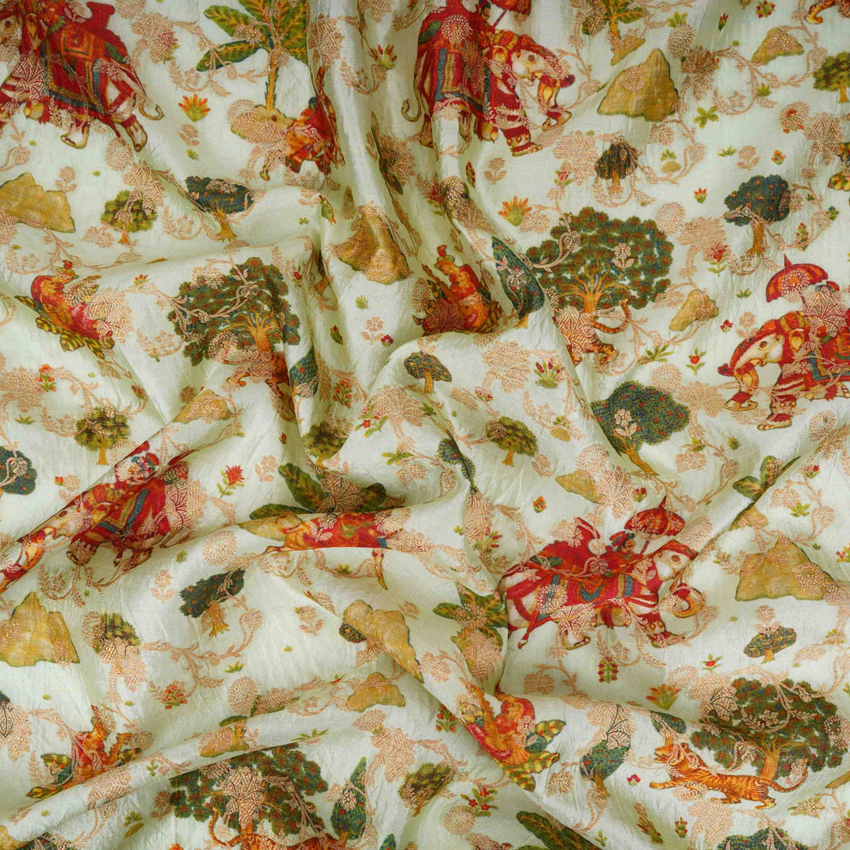 Mint Green Traditional Jacquard print Raw Mango Silk Fabric CW-31588 - TradeUNO