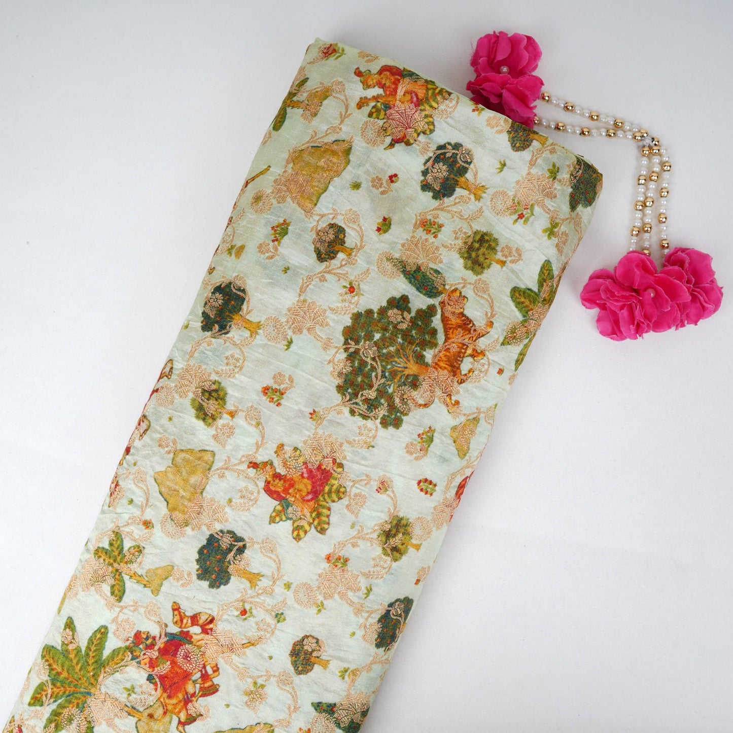 Mint Green Traditional Jacquard print Raw Mango Silk Fabric CW-31588