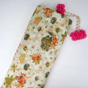Mint Green Traditional Jacquard print Raw Mango Silk Fabric CW-31588 - TradeUNO