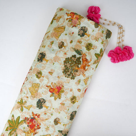 Mint Green Traditional Jacquard print Raw Mango Silk Fabric CW-31588