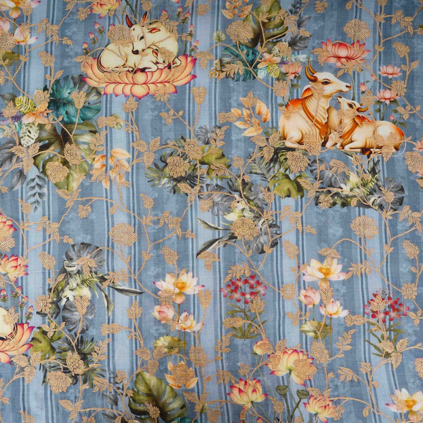 Teal Blue Pichwai Jacquard stripes Raw Mango Silk Fabric CW-31581