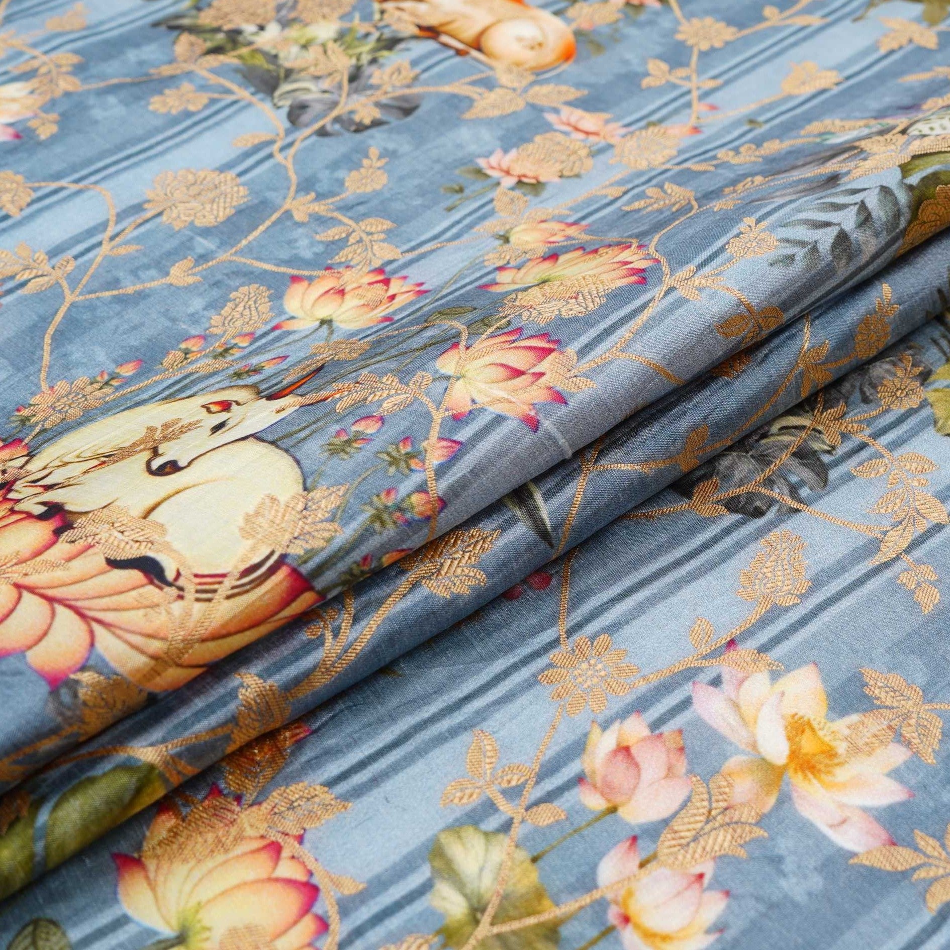 Teal Blue Pichwai Jacquard stripes Raw Mango Silk Fabric CW-31581 - TradeUNO