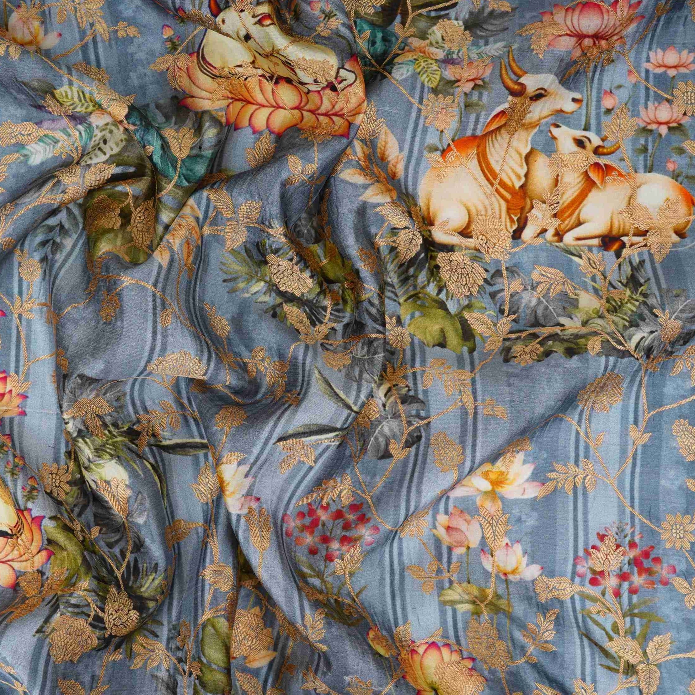 Teal Blue Pichwai Jacquard stripes Raw Mango Silk Fabric CW-31581 - TradeUNO