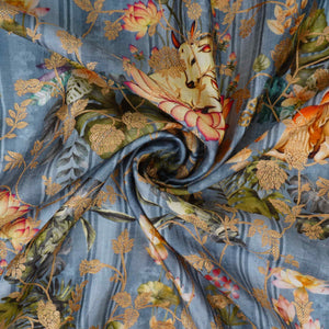 Teal Blue Pichwai Jacquard stripes Raw Mango Silk Fabric CW-31581 - TradeUNO