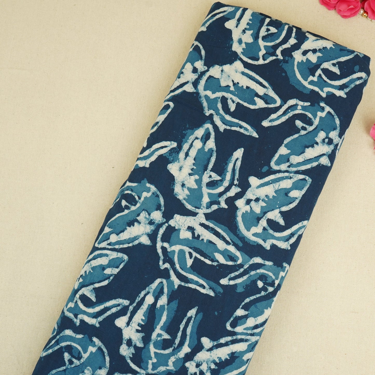 Indigo with White Floral Print Cotton Fabric CH-29772