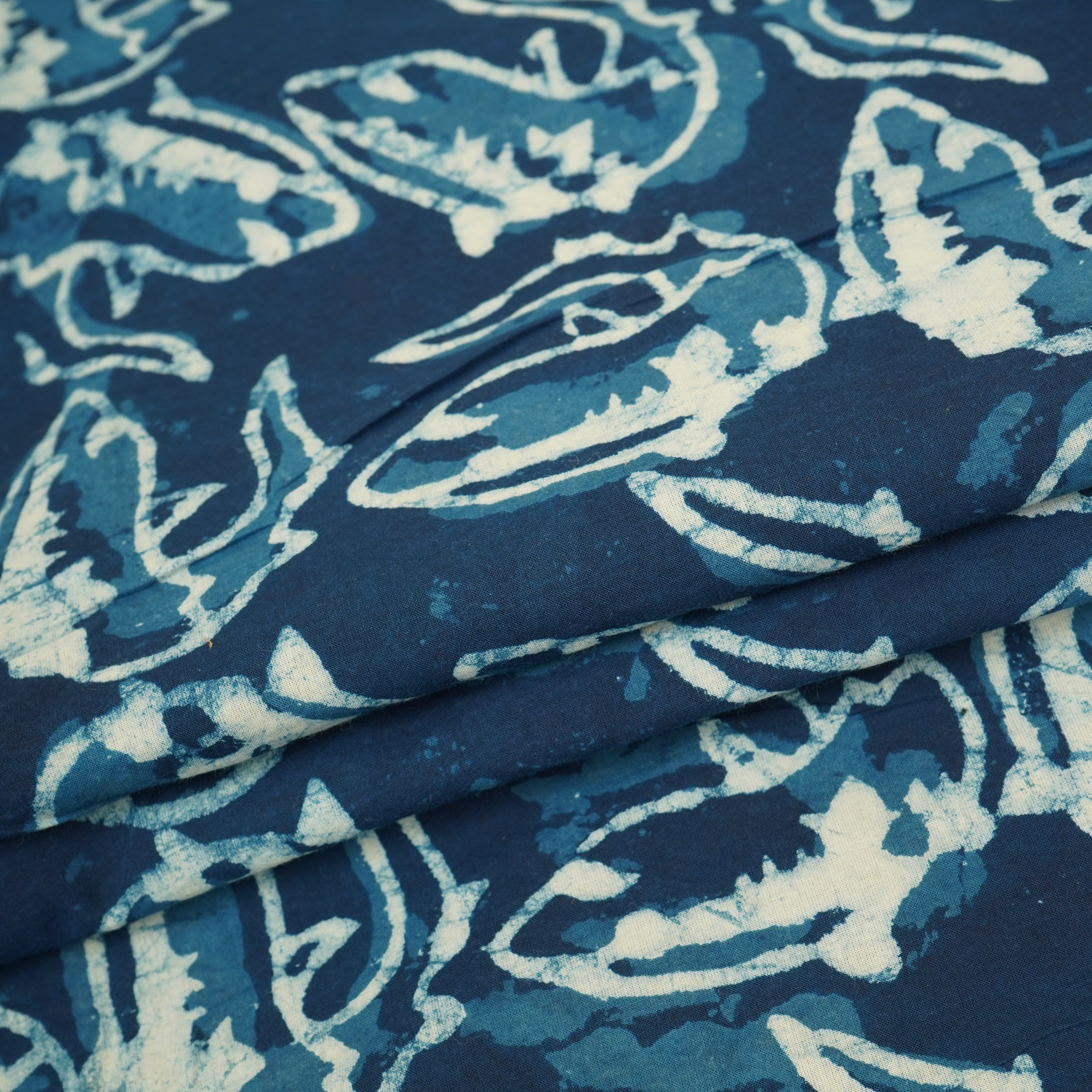 Indigo with White Floral Print Cotton Fabric CH-29772 - TradeUNO