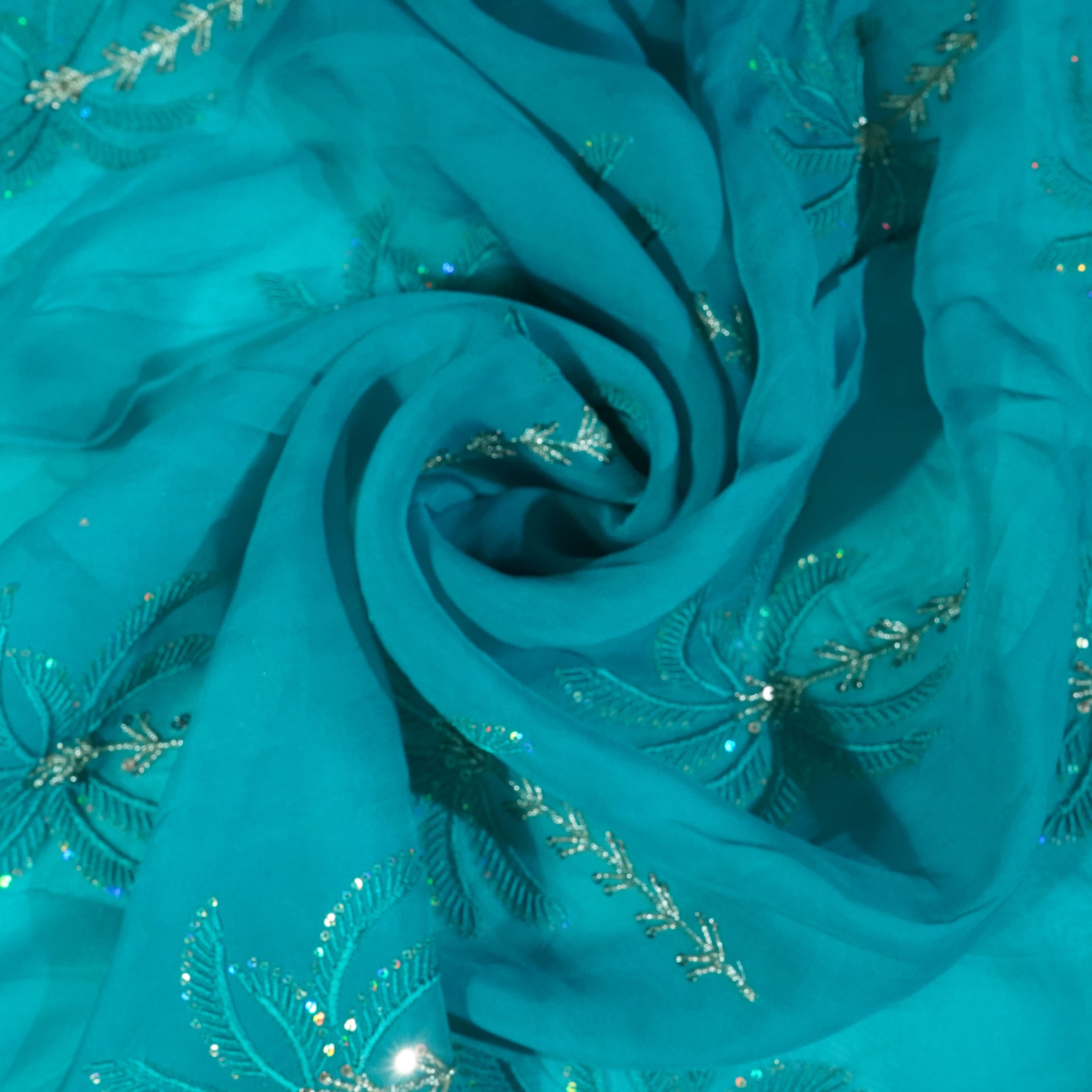 Sky Blue Thread Sequins Embroidery Organza Fabric 20852