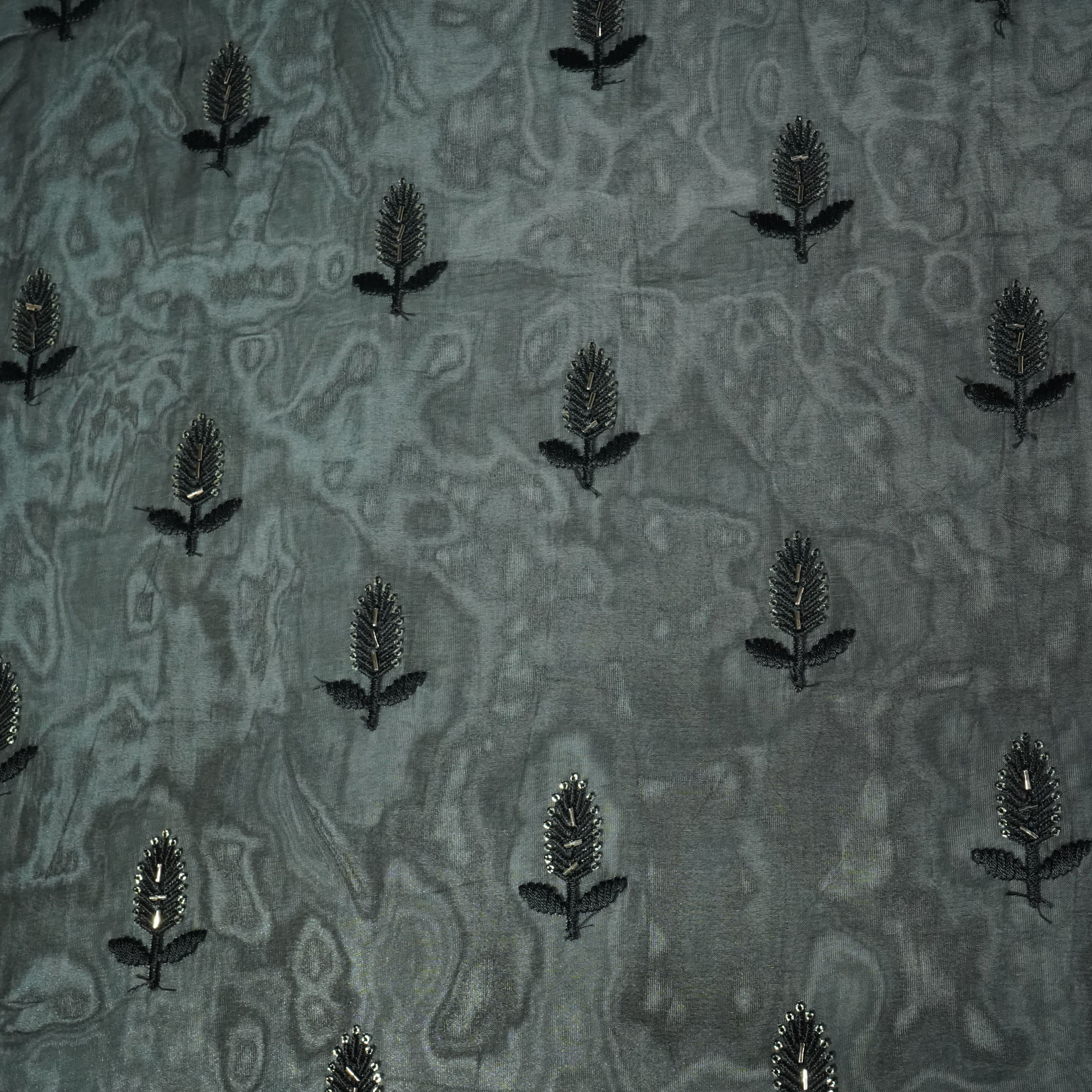 Black Cutdana Thread Embroidery Organza Fabric