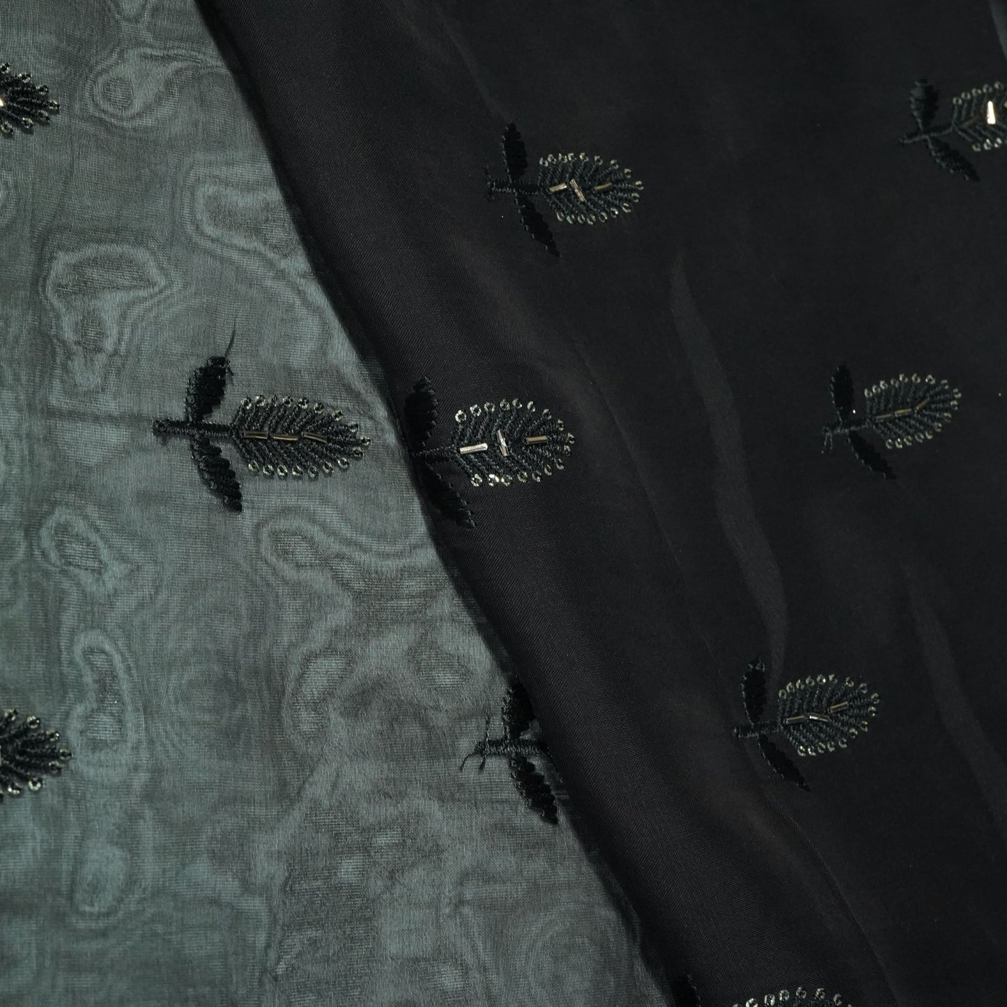 Black Cutdana Thread Embroidery Organza Fabric