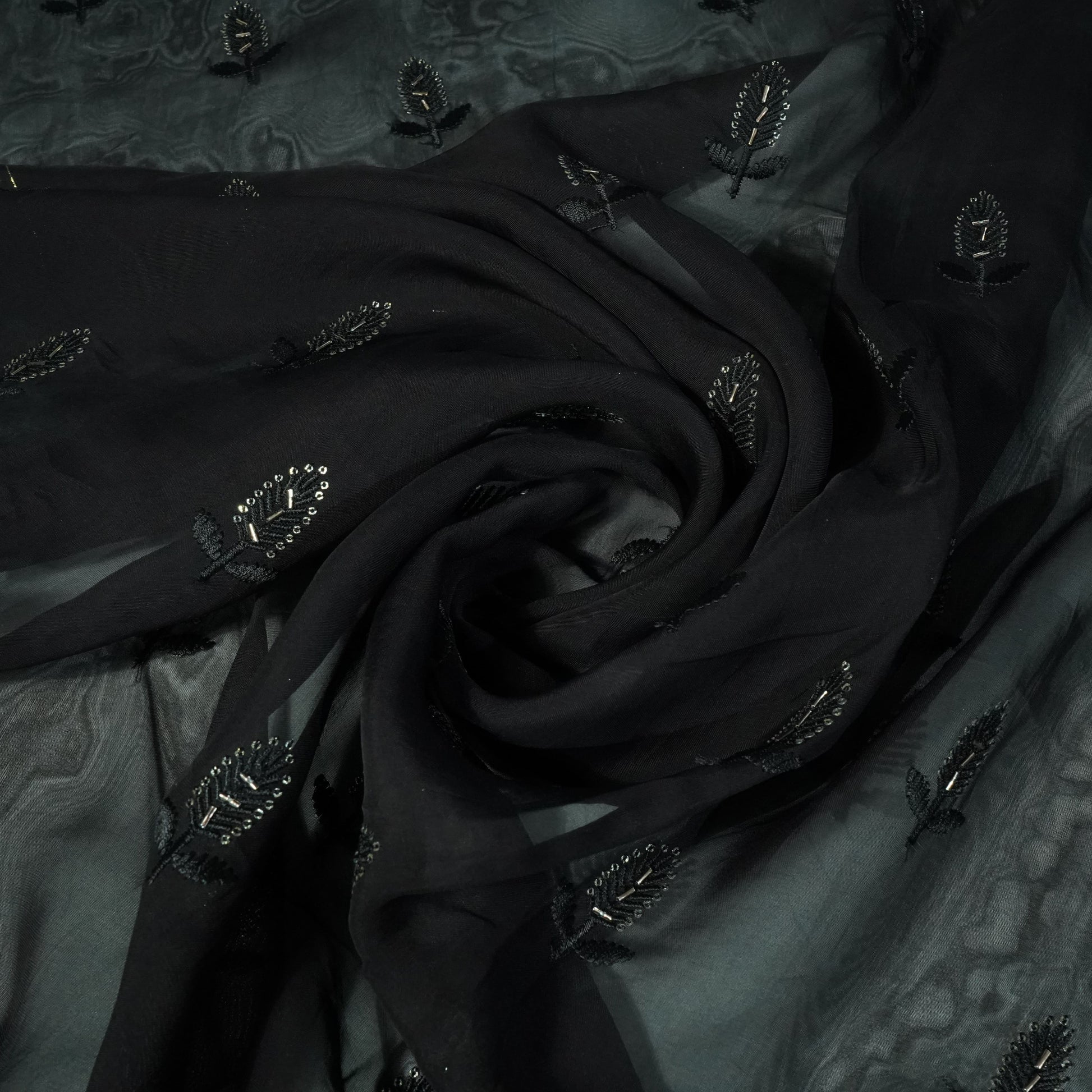 Black Cutdana Thread Embroidery Organza Fabric