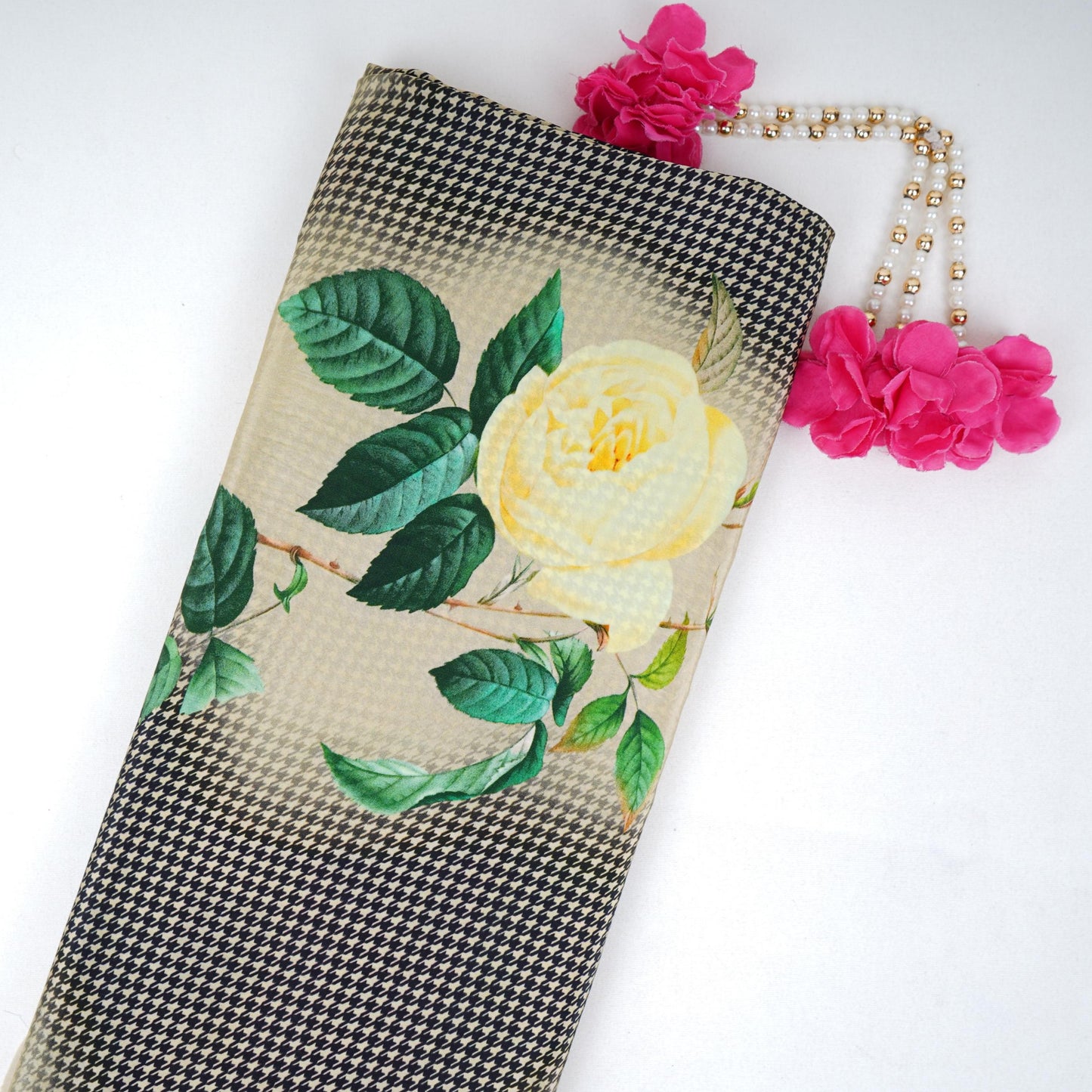 Black with Cream floral print Crepe Fabric NVC-31822