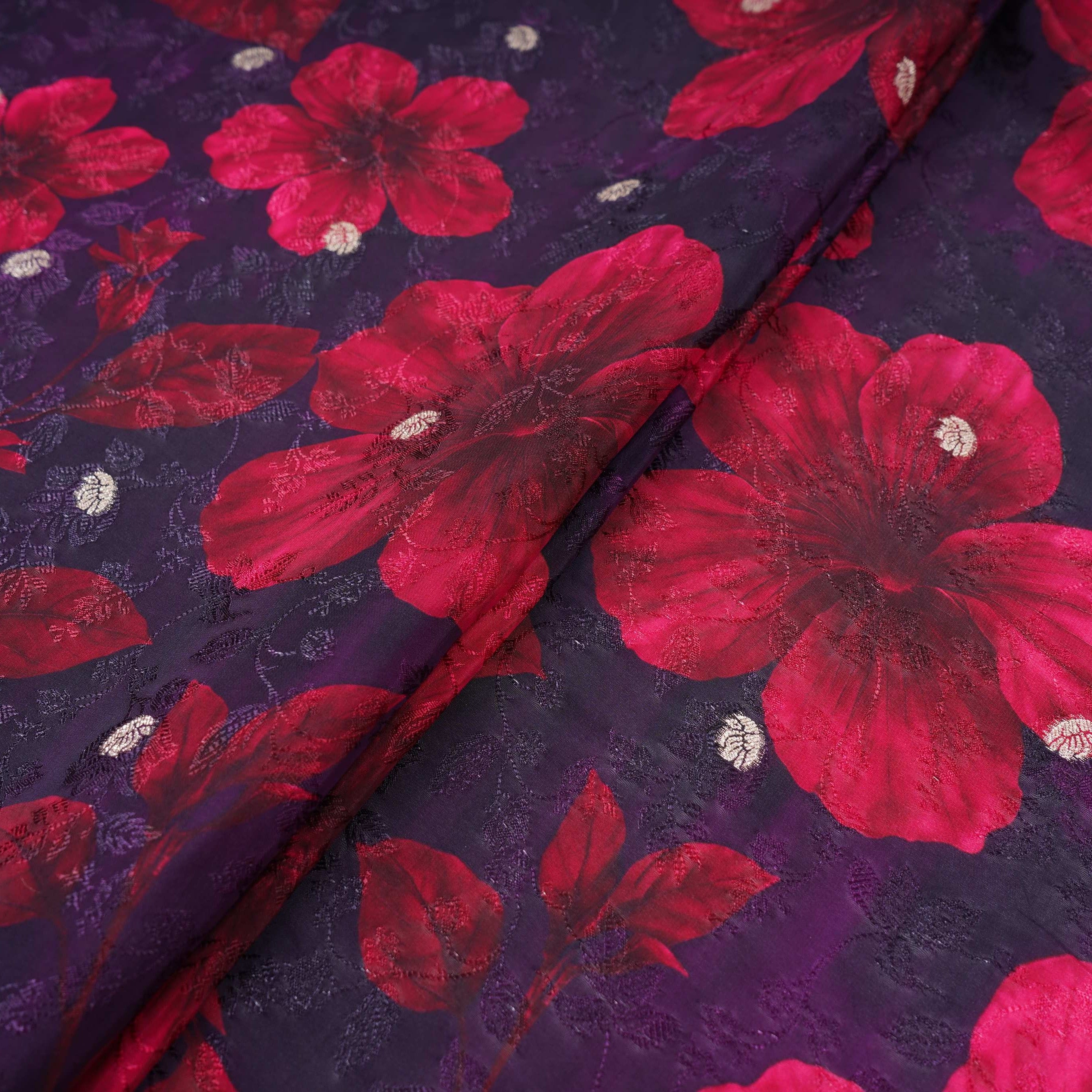Dark Purple floral zari jacquard Pure Bemberg Crepe Fabric MTF-31809 - TradeUNO